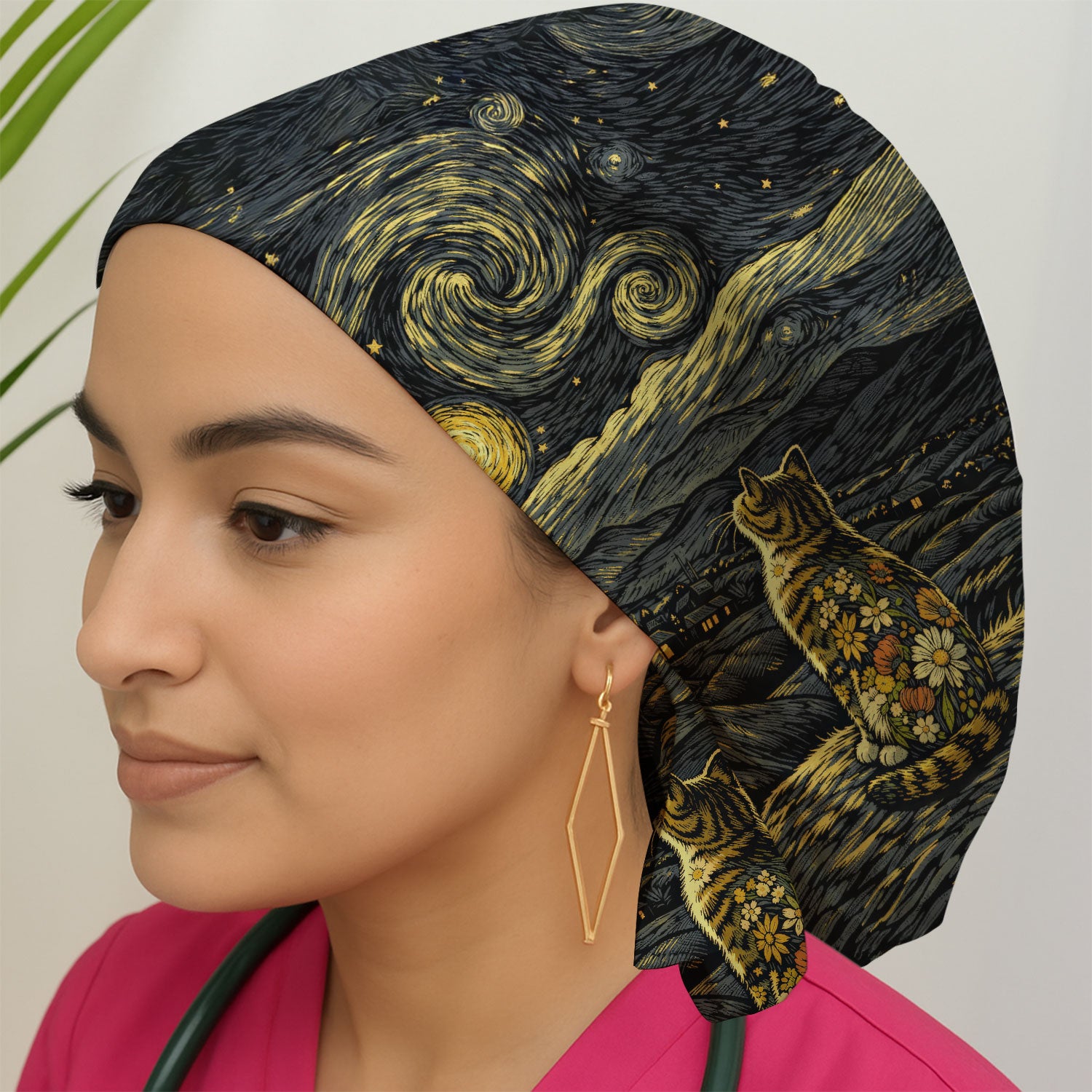 Galaxy Night Sky Cat With Flowers Print Cap, Bouffant Scrub Caps for Women