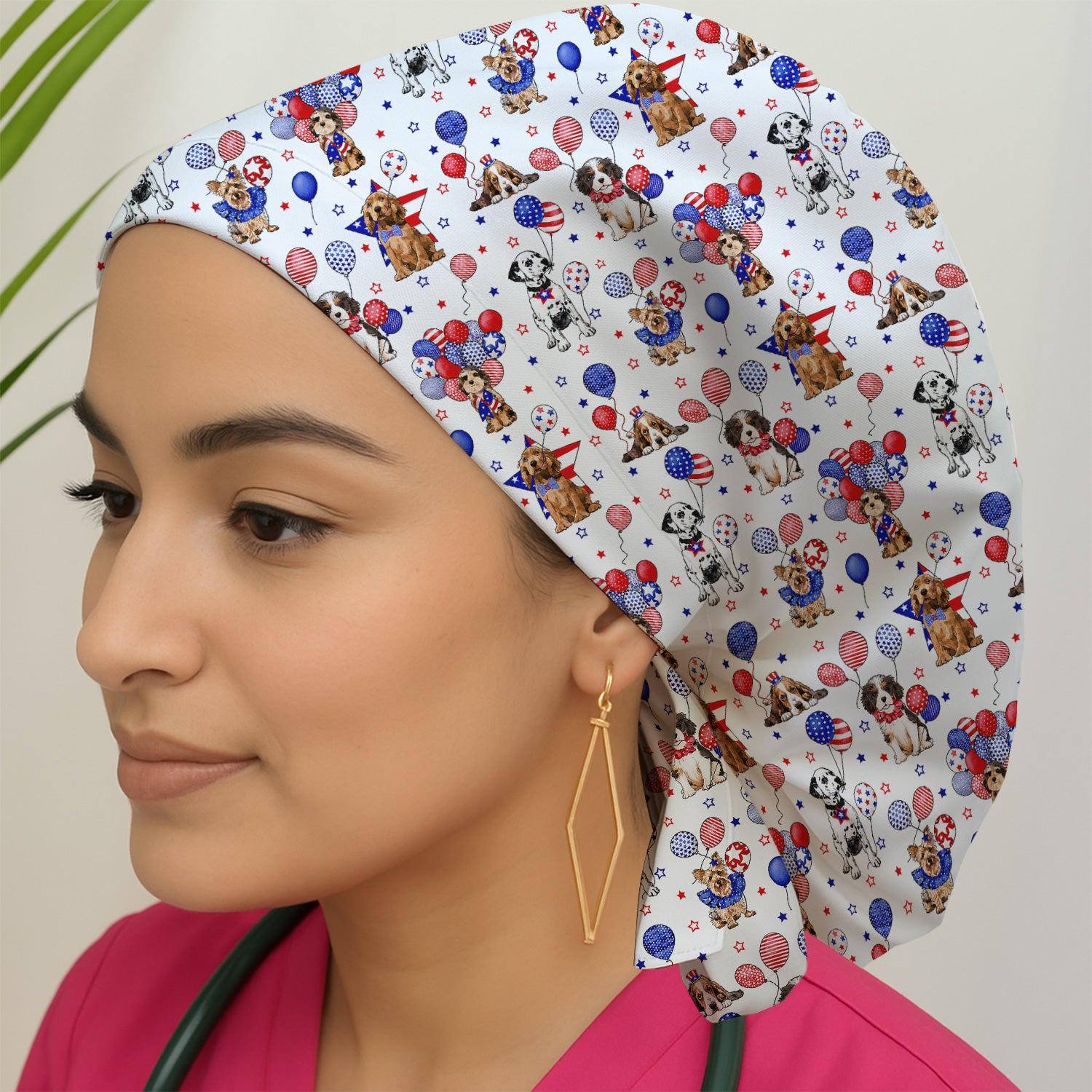 Patriotic Dogs With USA Flag Balloons Pattern Scrub Cap, Surgical Caps for Doctors