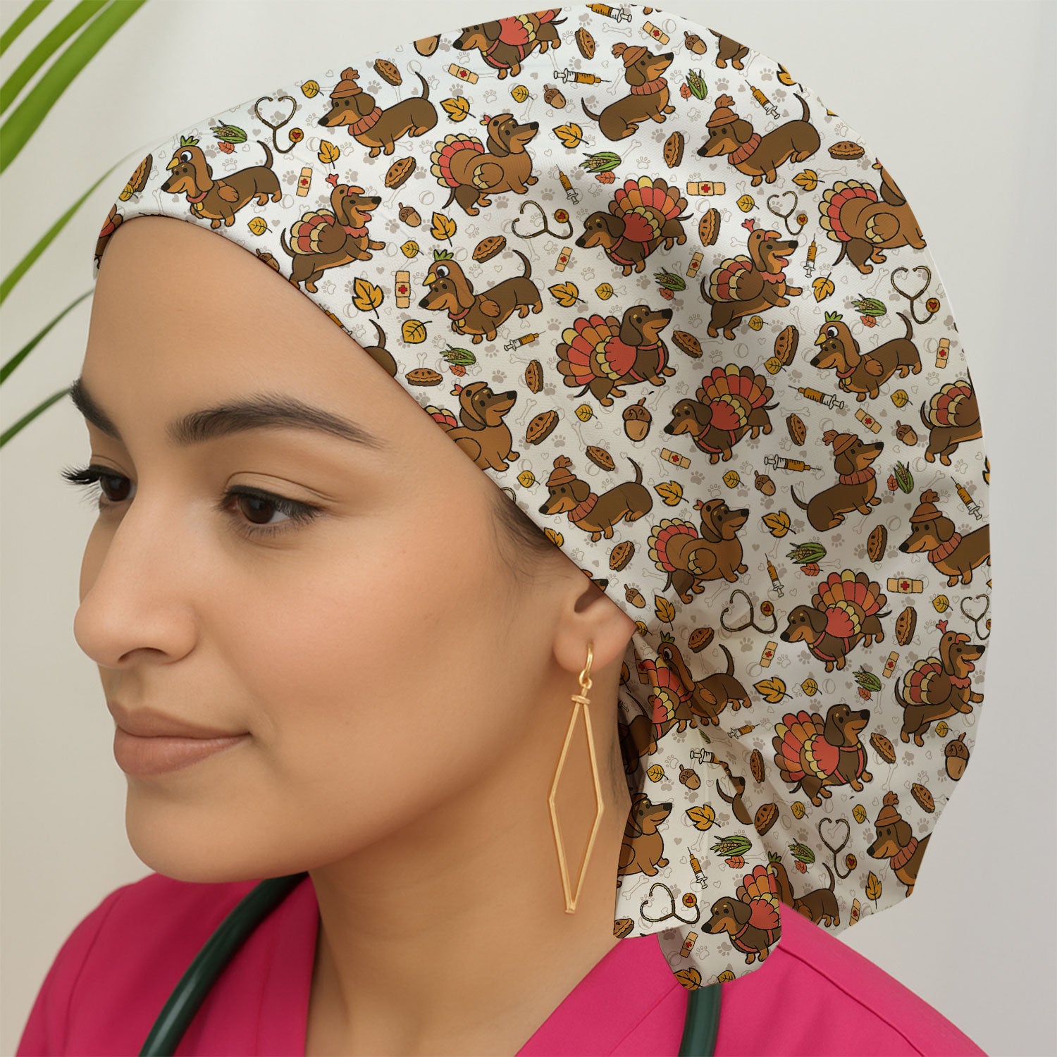 Thanksgiving Wiener Dog Bouffant Scrub Caps for Women - Funny Dachshund Turkey Holiday Nursing Gift - Breathable Fabrics Caps