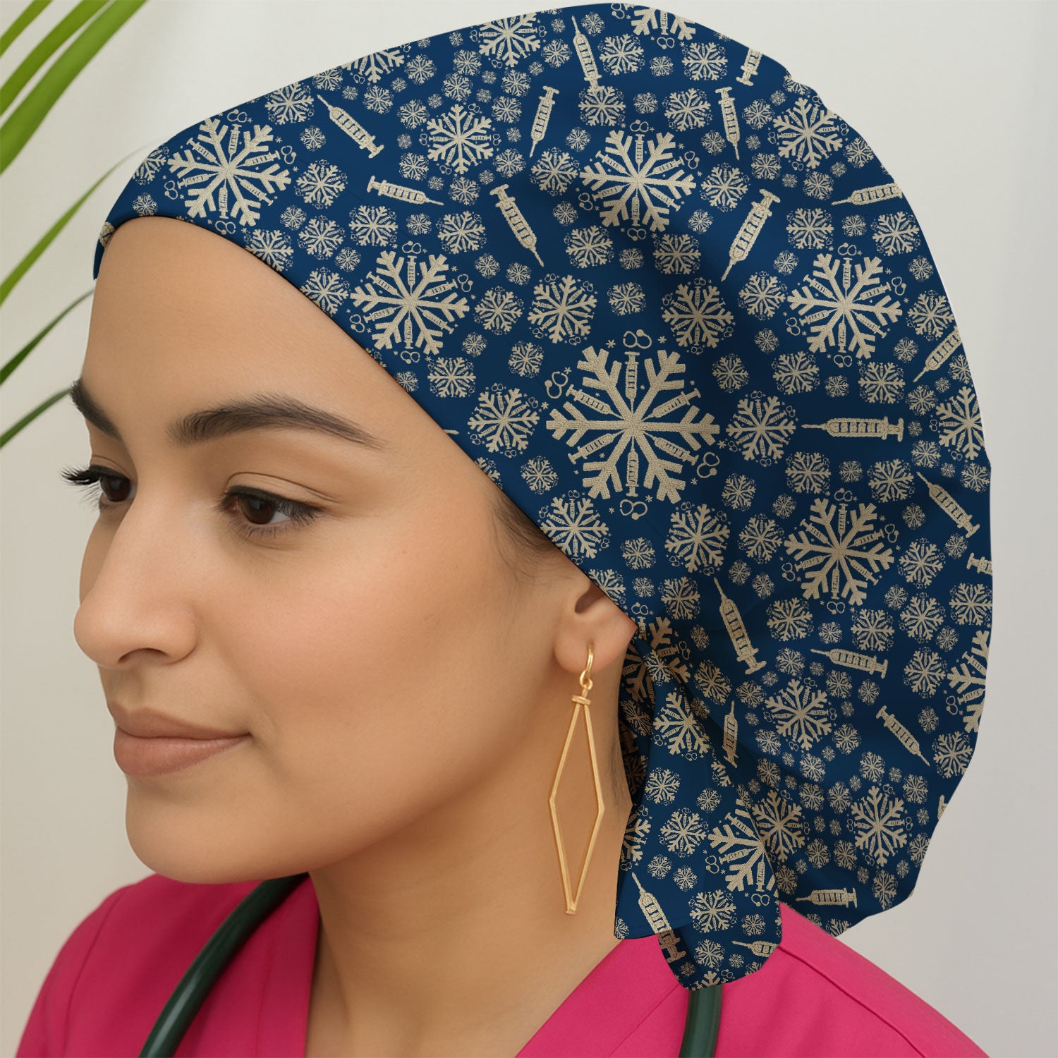 Snowflake Syringe Bouffant Scrub Caps for Women - Winter Snow Holiday Nursing Gift - Breathable Fabrics Caps Uniform