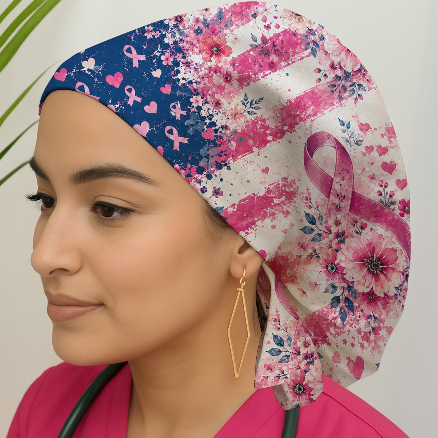 Breast Cancer Floral Flag Scrub Cap, Surgical Caps for Doctors