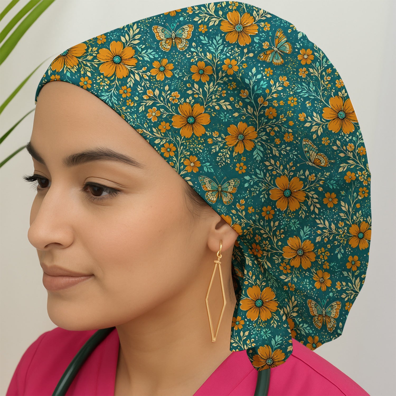Orange Floral Butterfly Vine Pattern Scrub Cap, Surgical Caps for Doctors