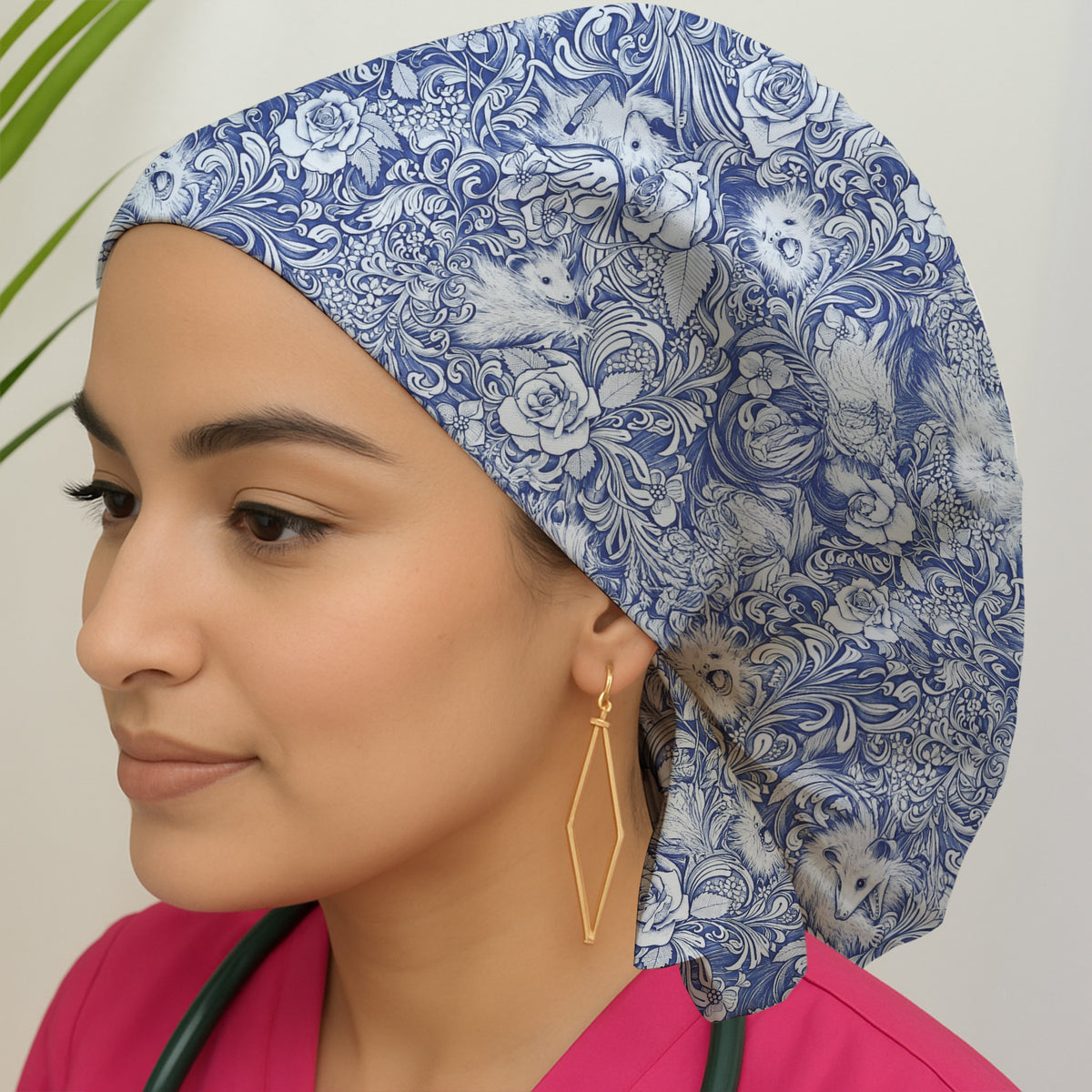 Blue Floral Opossum and Roses Scrub Cap, Surgical Caps for Doctors