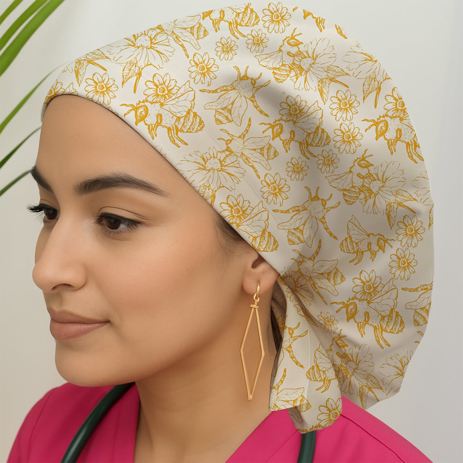 Cute Honey Bee Flower Sketch Pattern Nurse Scrub Cap, Surgical Caps for Doctors