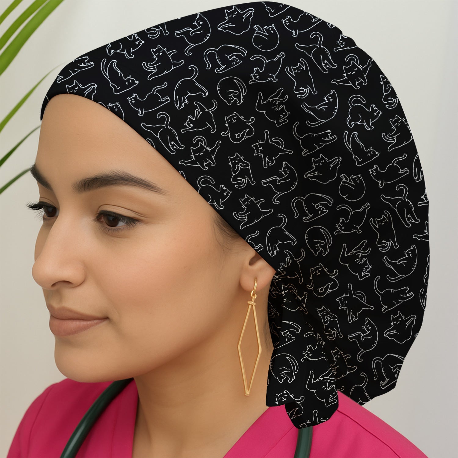 Cute Cat Outline Playing Pattern Scrub Cap, Surgical Caps for Doctors