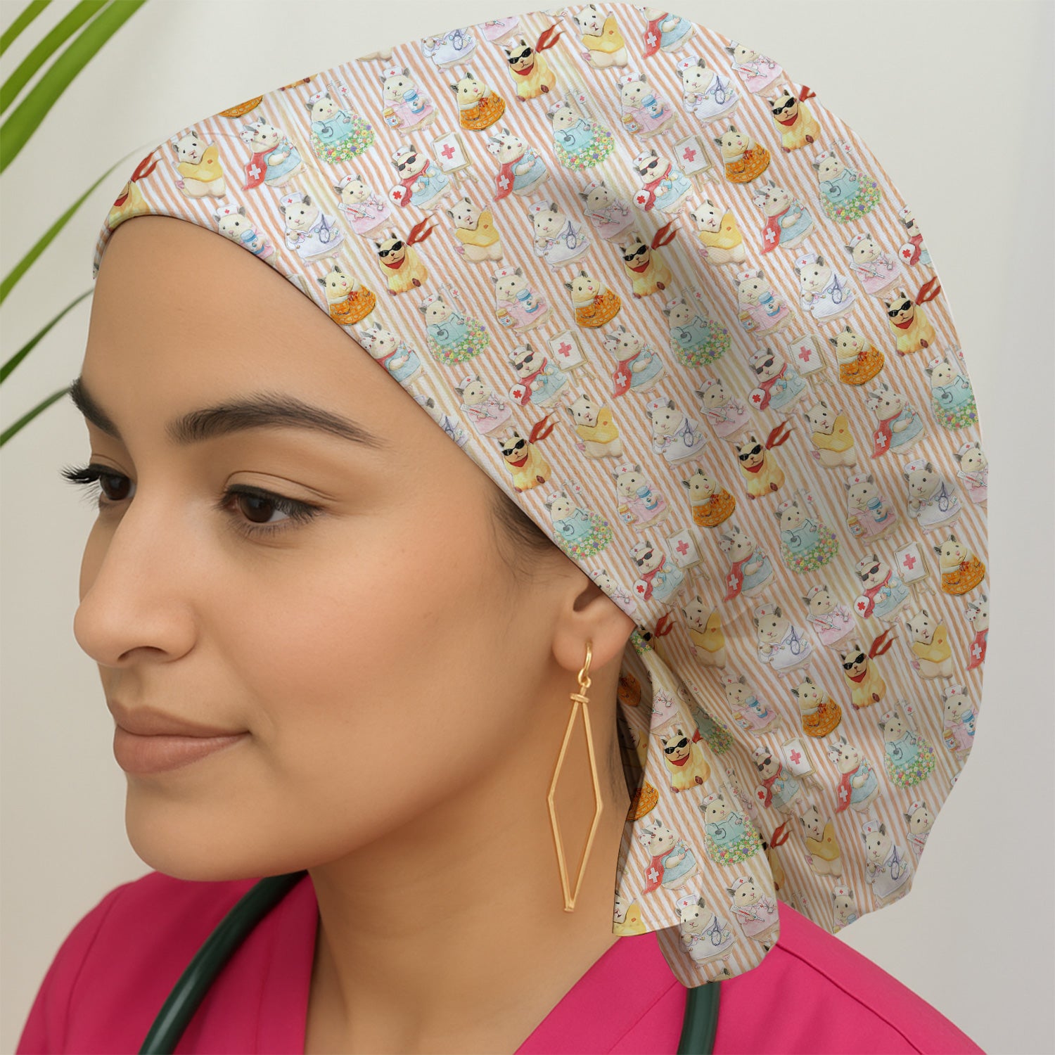 Cute Nurse Hamster Pattern Caps, Bouffant Scrub Caps for Women