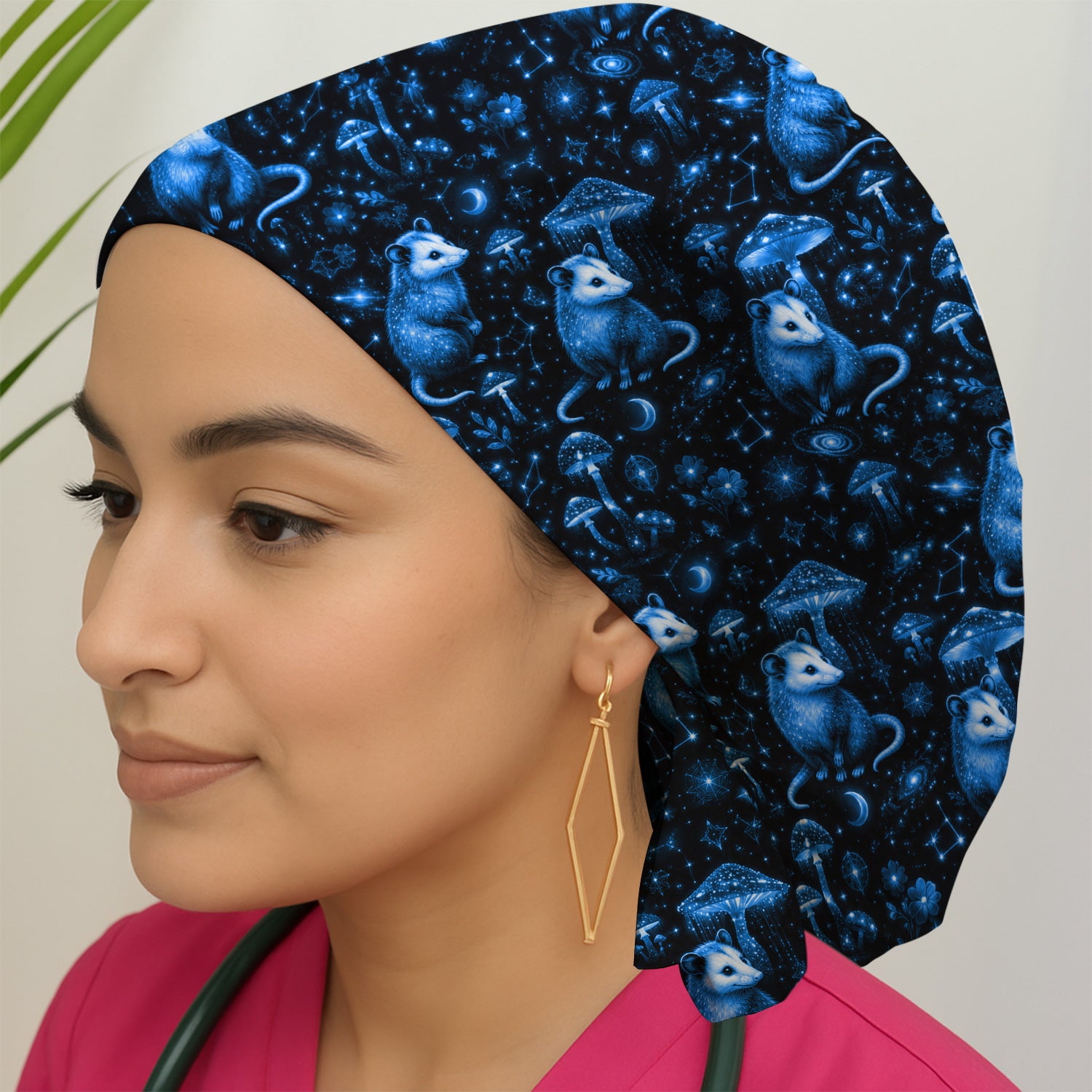 Celestial Blue Opossum With Mushroom Pattern Scrub Cap, Surgical Caps for Doctors