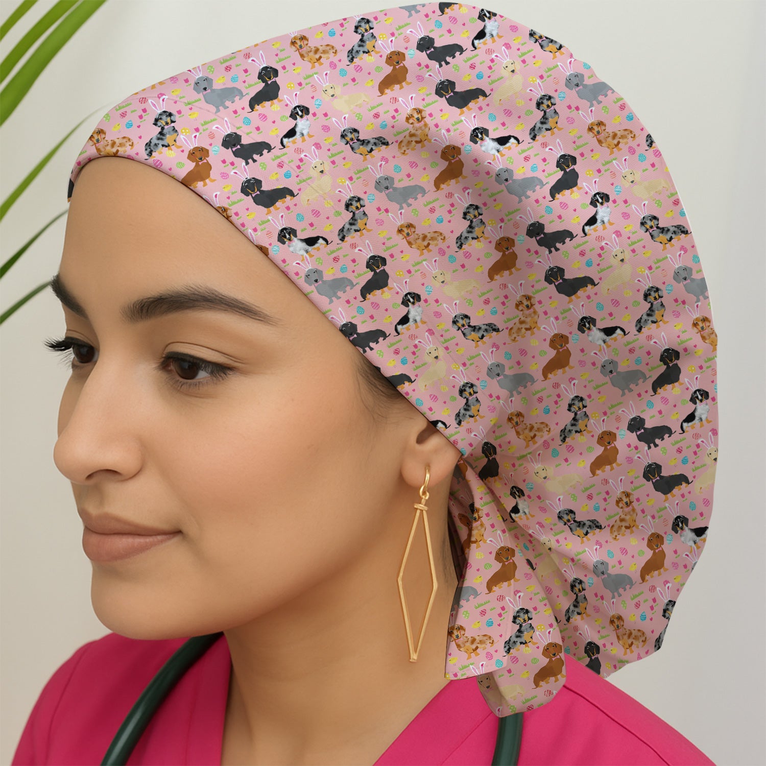 Easter Dachshund Dog Pattern Print Cap, Bouffant Scrub Caps for Women