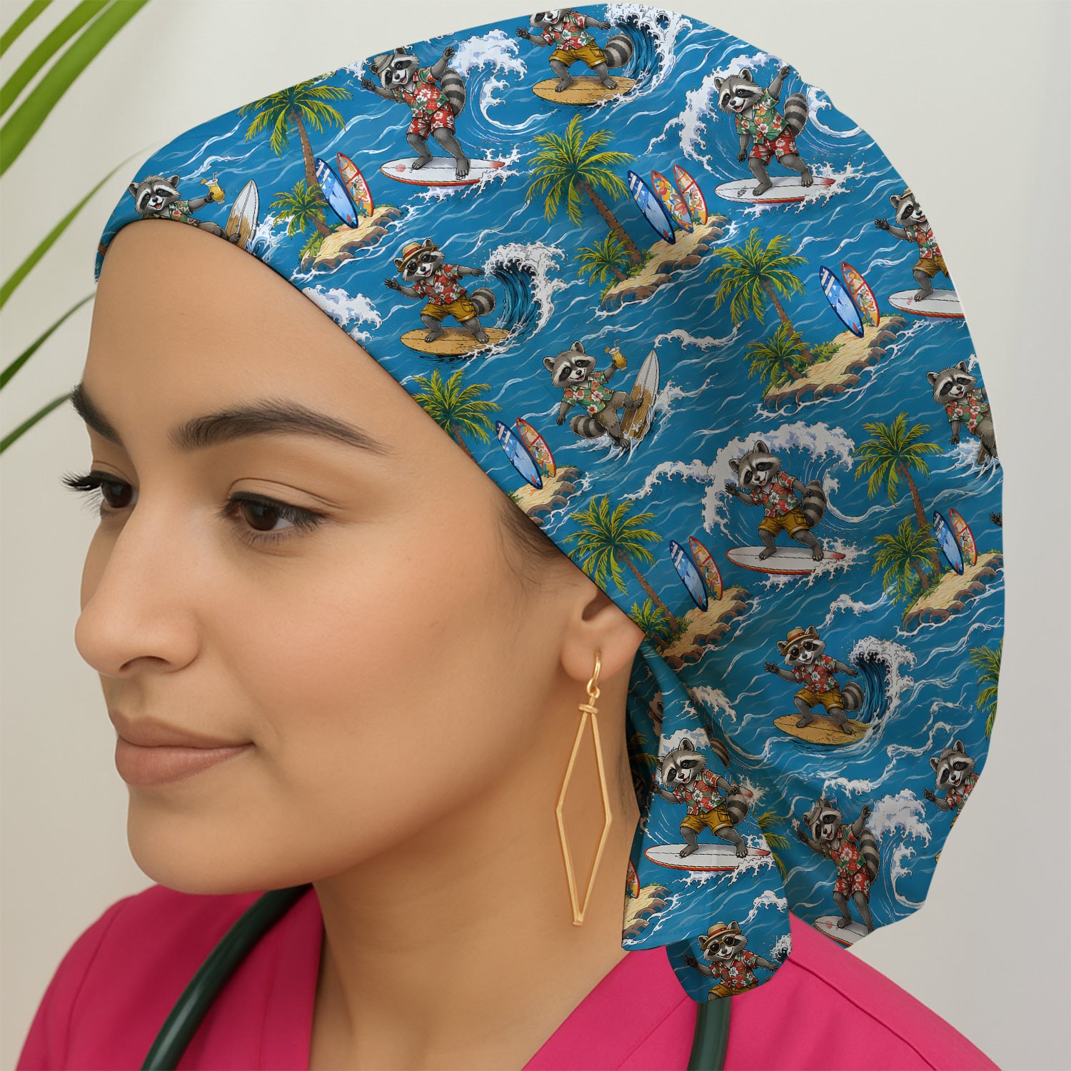 Tropical Surfing Raccoon Island Pattern Scrub Cap, Surgical Caps for Doctors