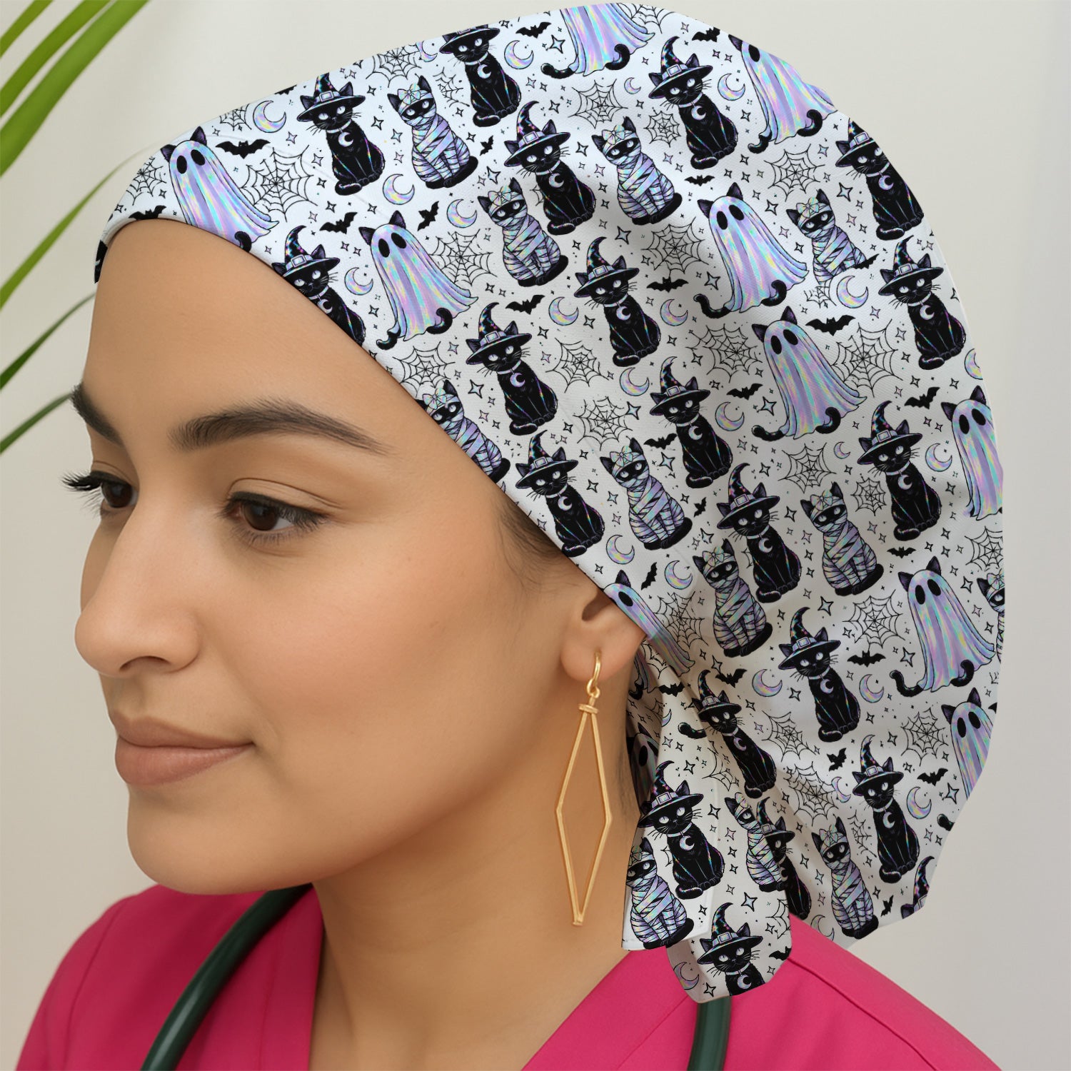 Ghost Witch Cat Pattern Scrub Cap, Surgical Caps for Doctors