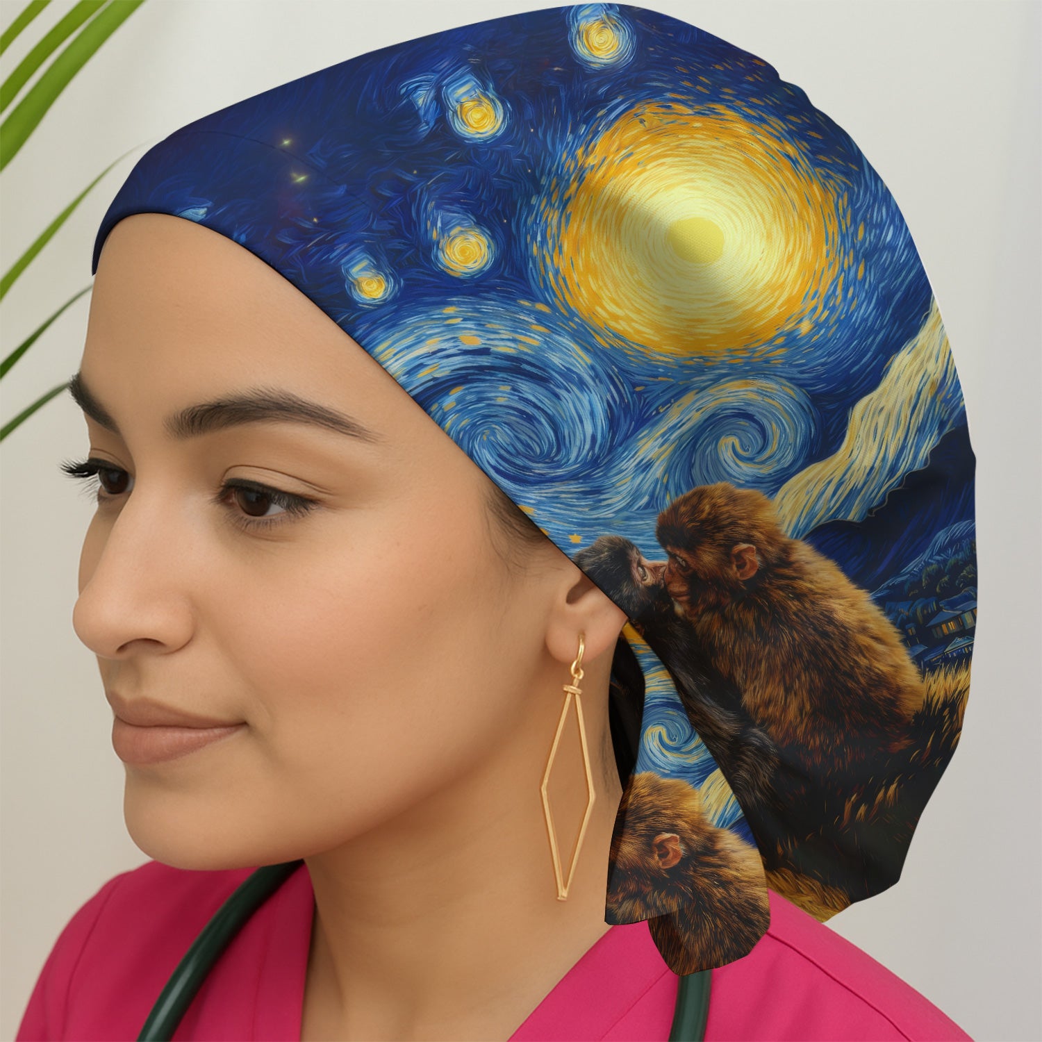 Romantic Monkey Couple Night Sky Pattern Scrub Cap, Breathable Fabrics Caps Uniform