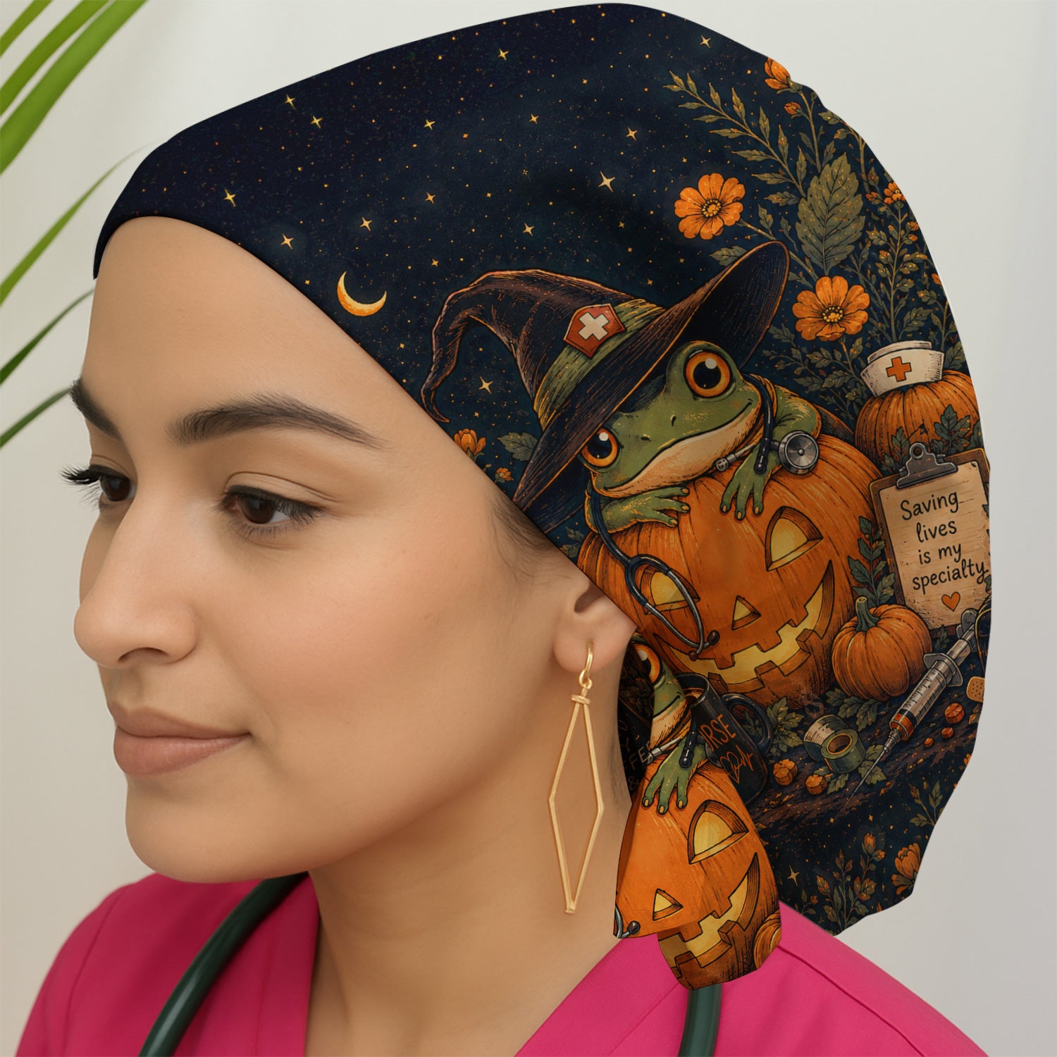 Halloween Witch Frog Pumpkin Scrub Cap, Surgical Caps for Doctors