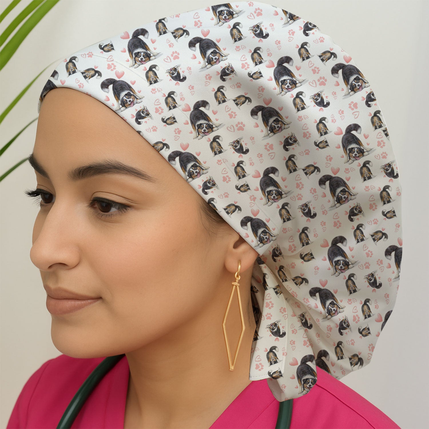 Playful Dog Heart Medical Print Cap, Bouffant Scrub Caps for Women