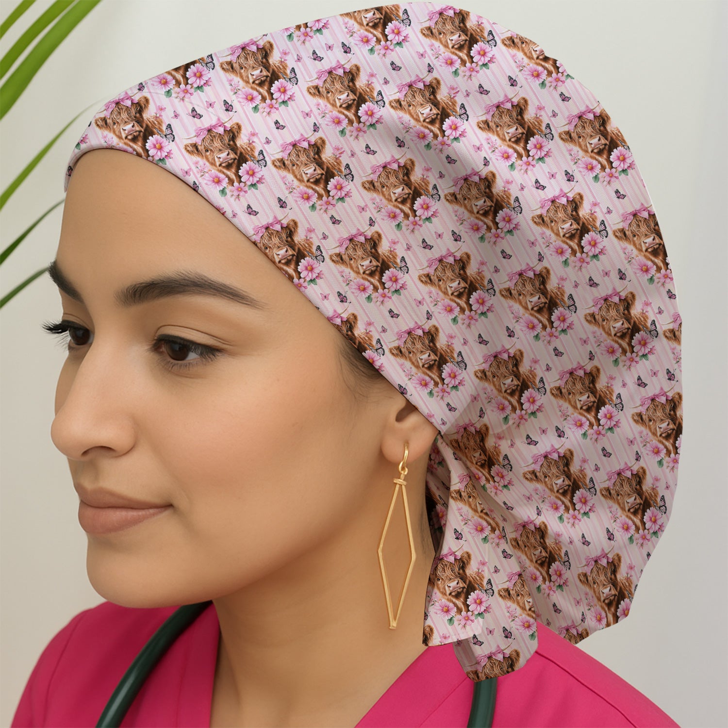 Pink Highland Cow Floral Scrub Cap, Surgical Caps for Doctors
