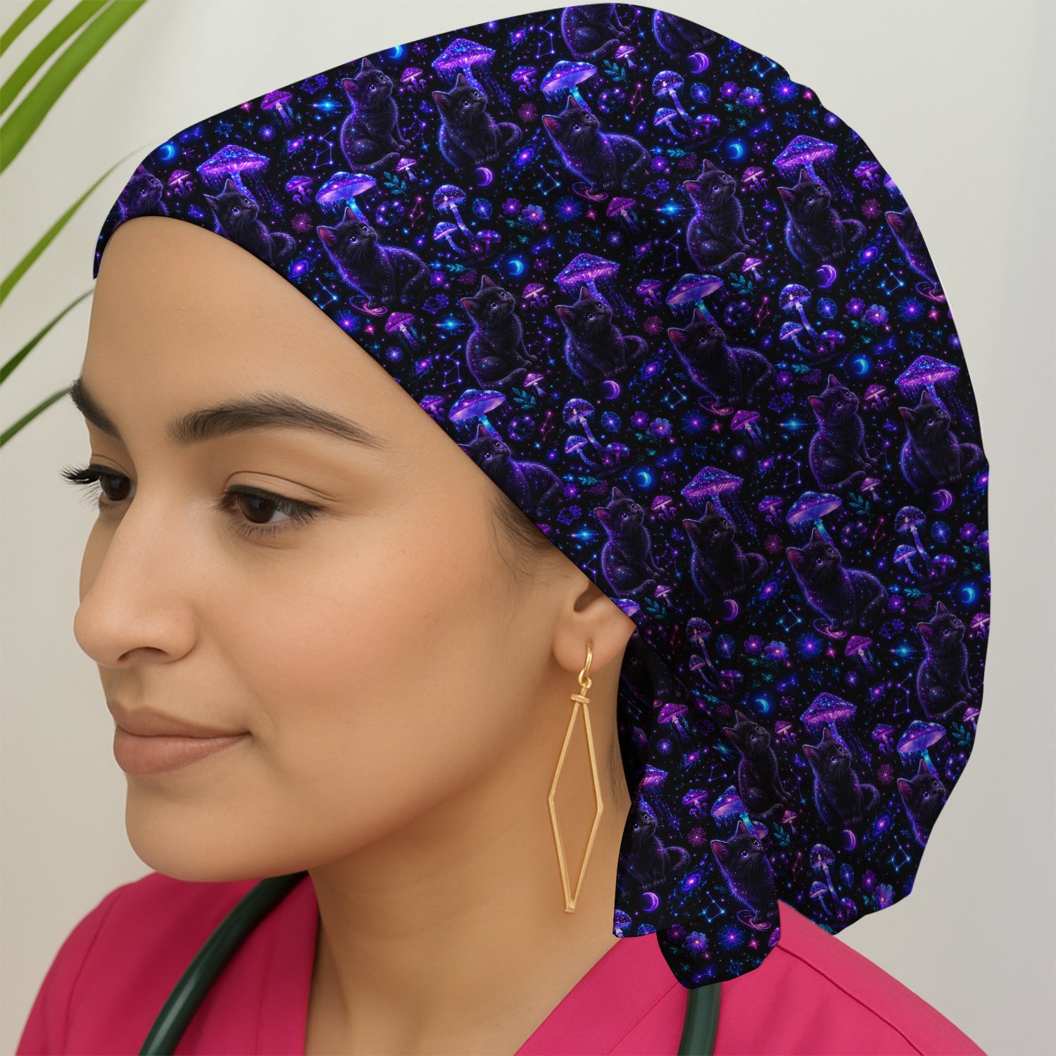 Mystical Black Cat Neon Mushroom Print Scrub Cap, Surgical Caps for Doctors