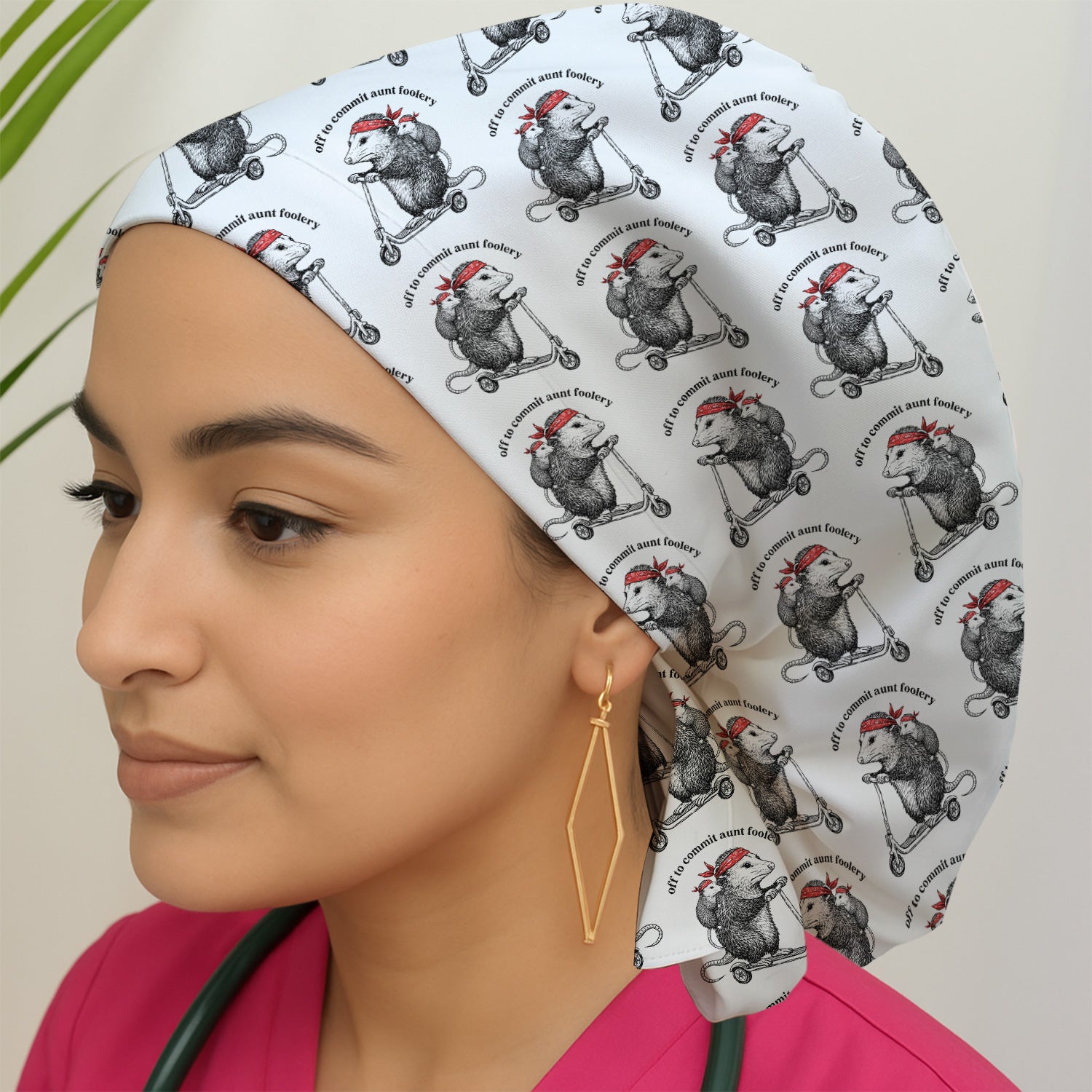Aunt Foolery Opossum Pattern Scrub Cap, Surgical Caps for Doctors