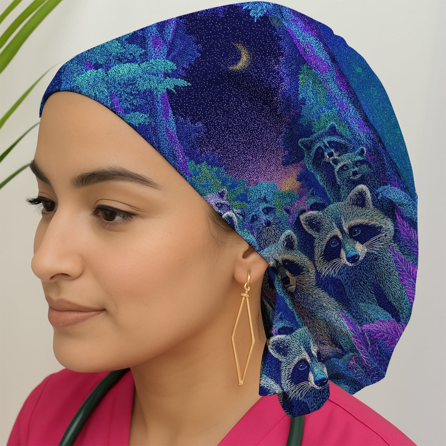 Moonlit Raccoon Pattern Scrub Cap, Surgical Caps for Doctors