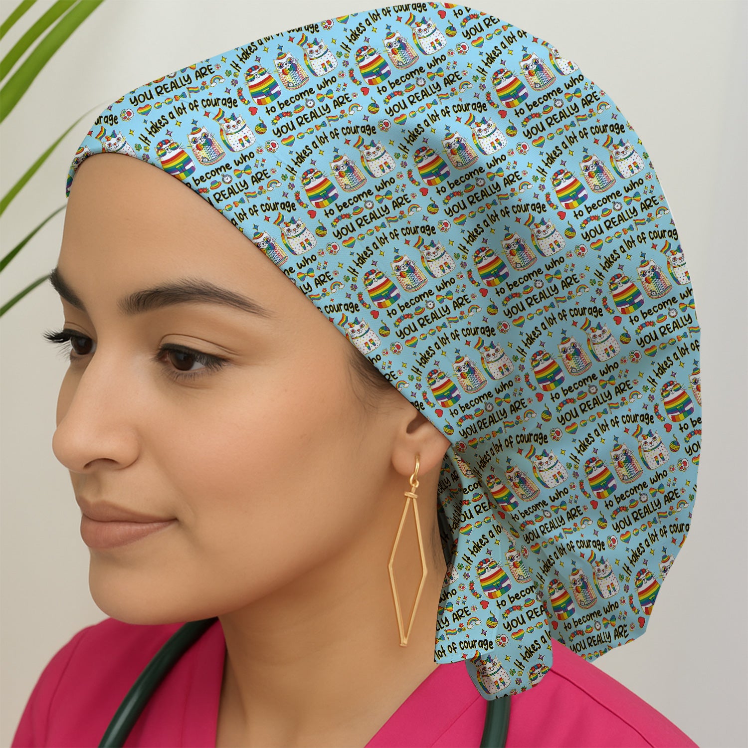 Inspirational Nurse Rainbow Cat Courage Quote Pattern Scrub Cap, Surgical Caps for Doctors