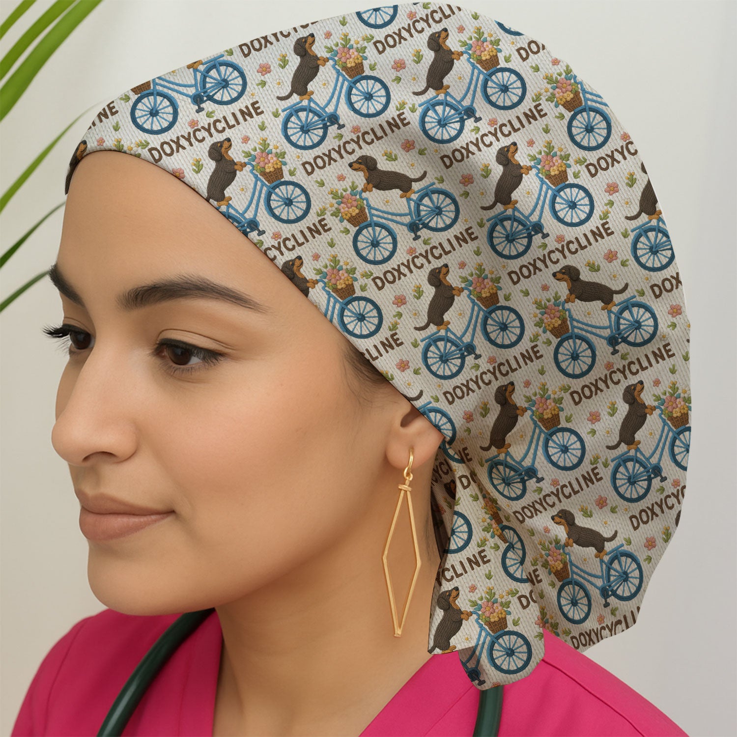Doxycycline Pharmacy Bouffant Scrub Caps for Women - Dachshund on Bicycle Holiday Nursing Gift - Breathable Fabrics Caps Uniform
