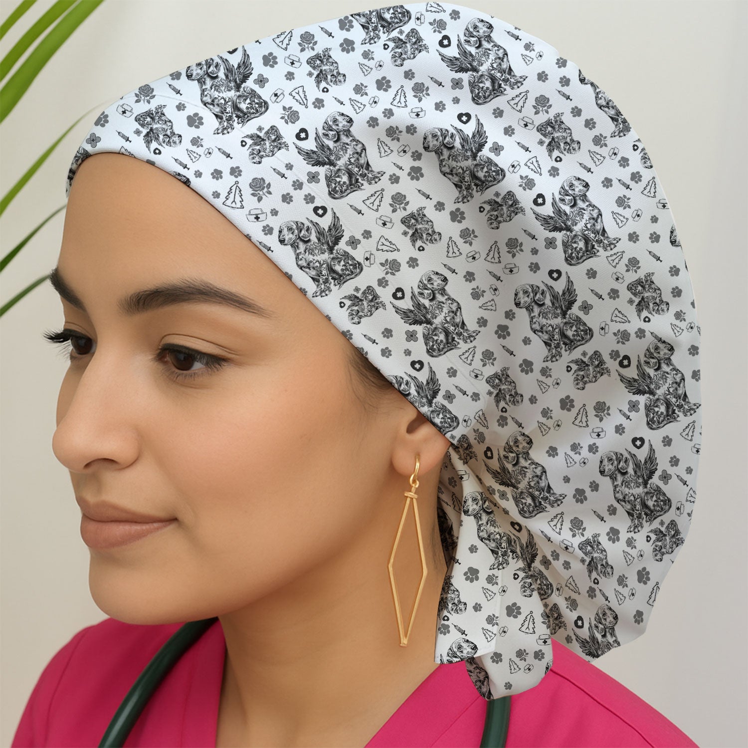 Dachshund Angel Bouffant Scrub Caps for Women - Toile de Jouy Surgical Caps for Doctors - Puppy Lover Gift for Her