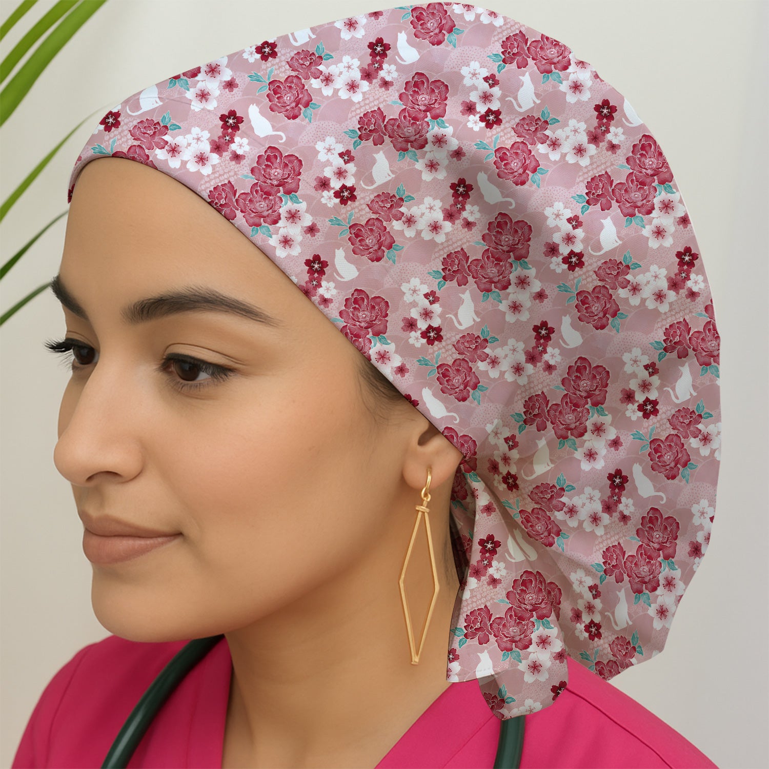 Floral White Cat Nurse Scrub Cap, Surgical Caps for Doctors