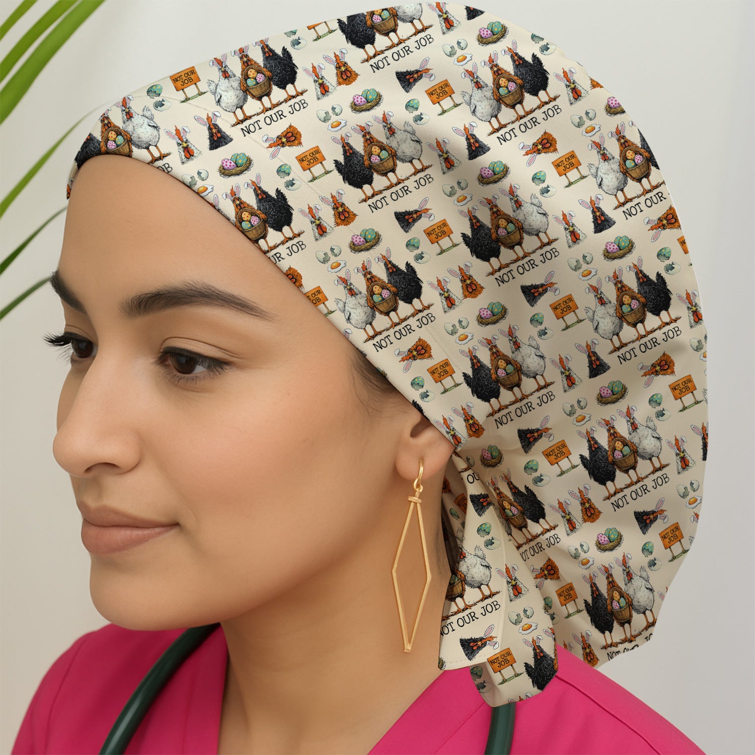 Funny Easter Chicken Humor Pattern Cap, Bouffant Scrub Caps for Women