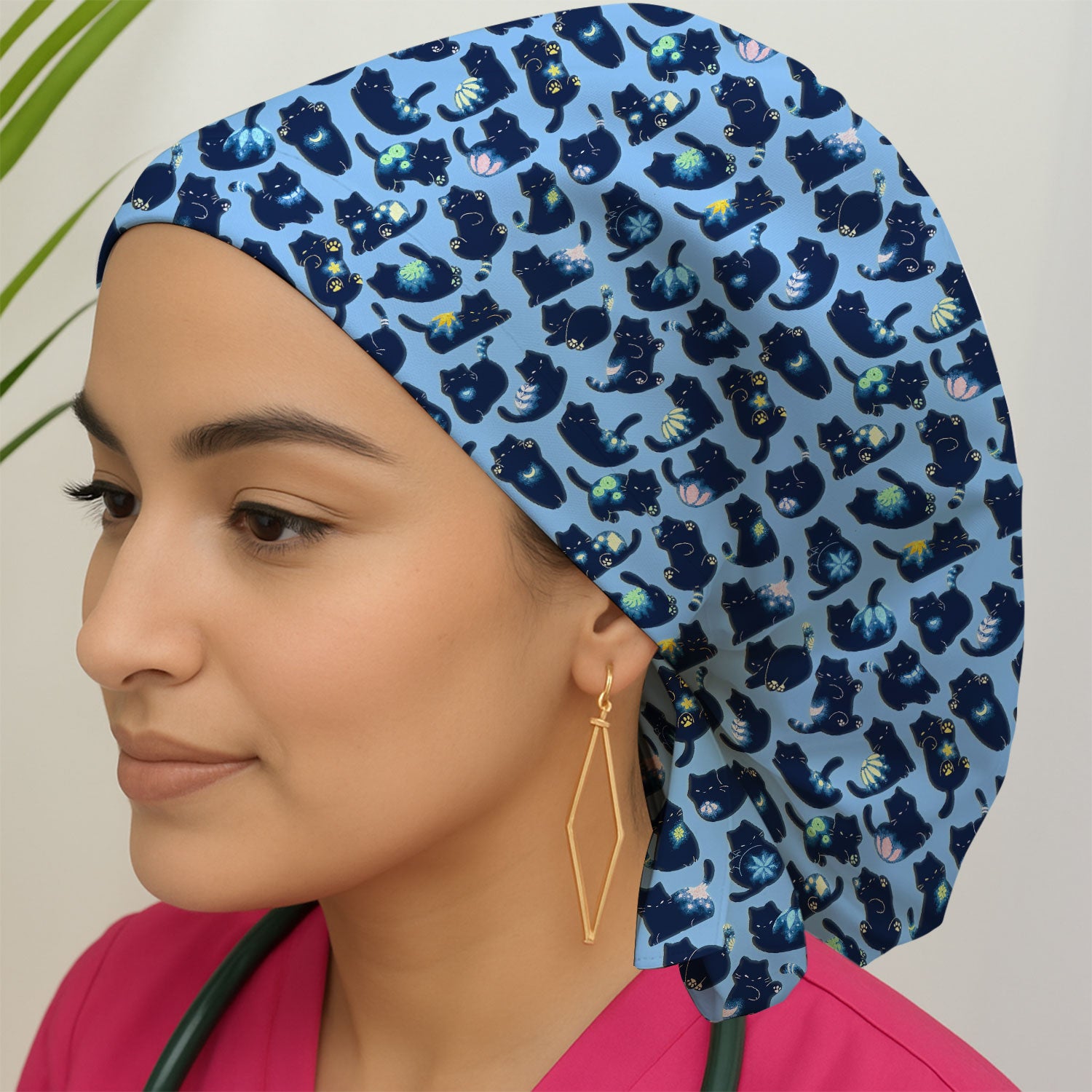 Midnight Cat Scrub Cap, Black Cat Pattern Nurse Hat, Breathable Fabrics Nursing Uniform