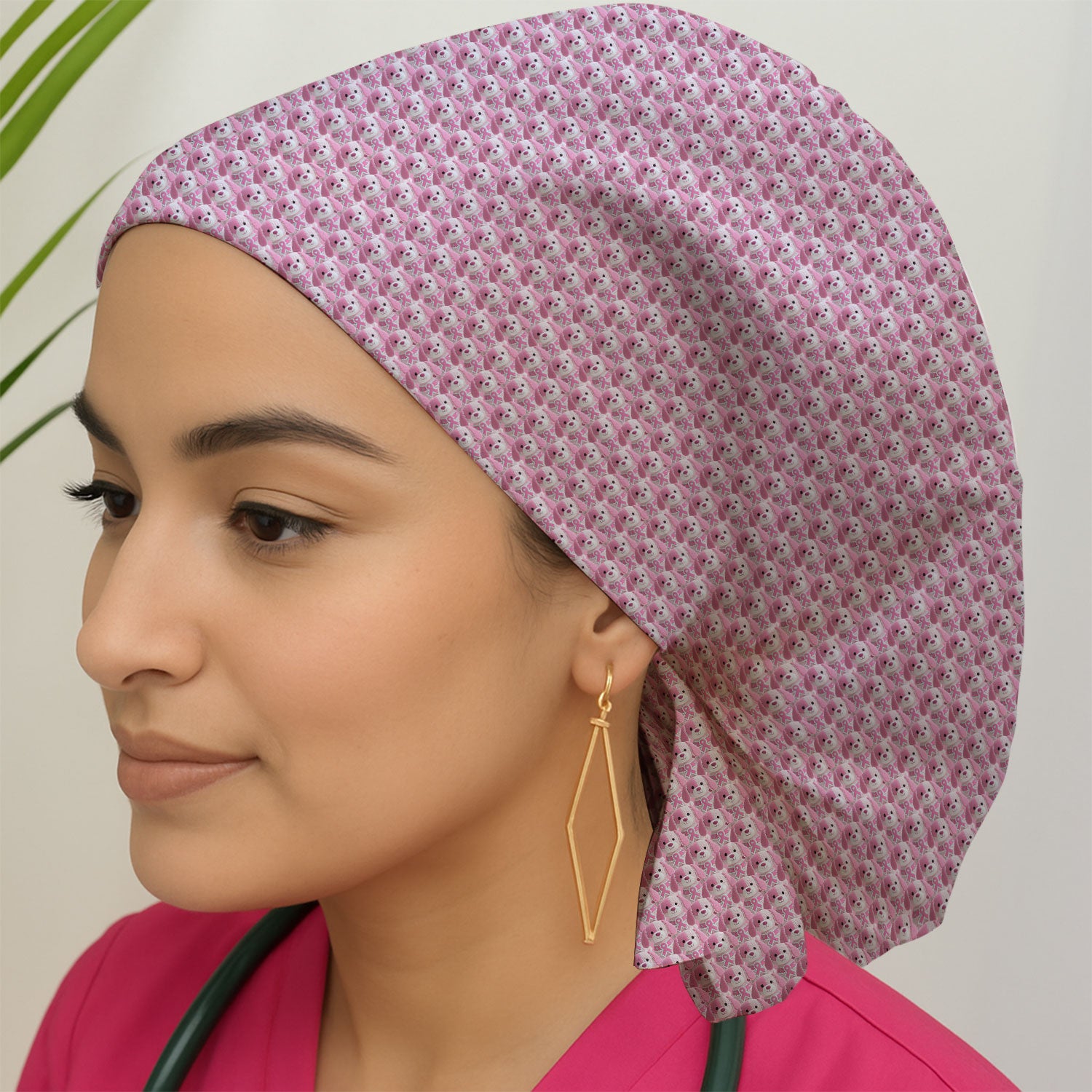 Pink Breast Cancer Awareness Scrub Cap - Cute Puppy Dog Ribbon Nurse Surgical Hat - Support Fight Cancer Medical Gift