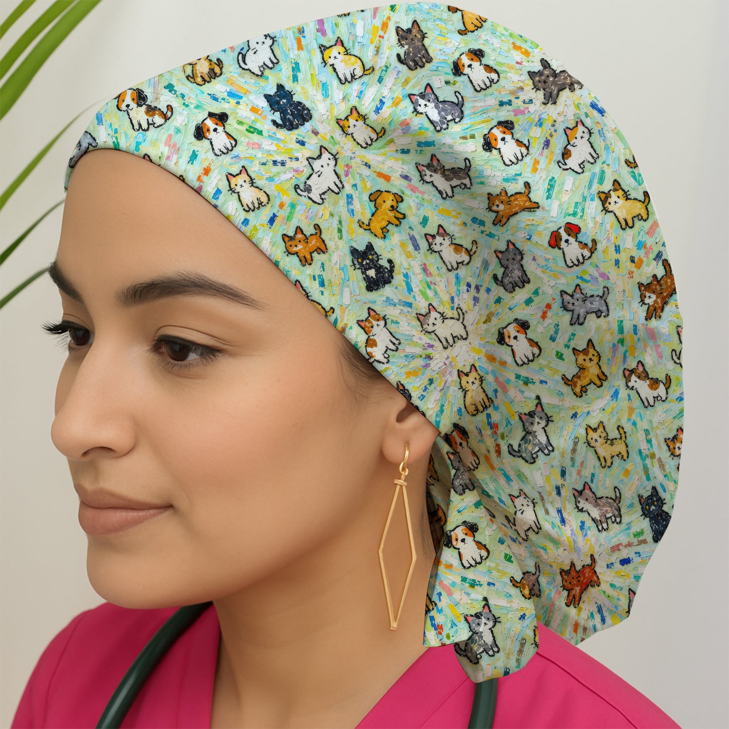 Colorful Cats Dogs Doodle Pattern Nurse Scrub Cap, Surgical Caps for Doctors