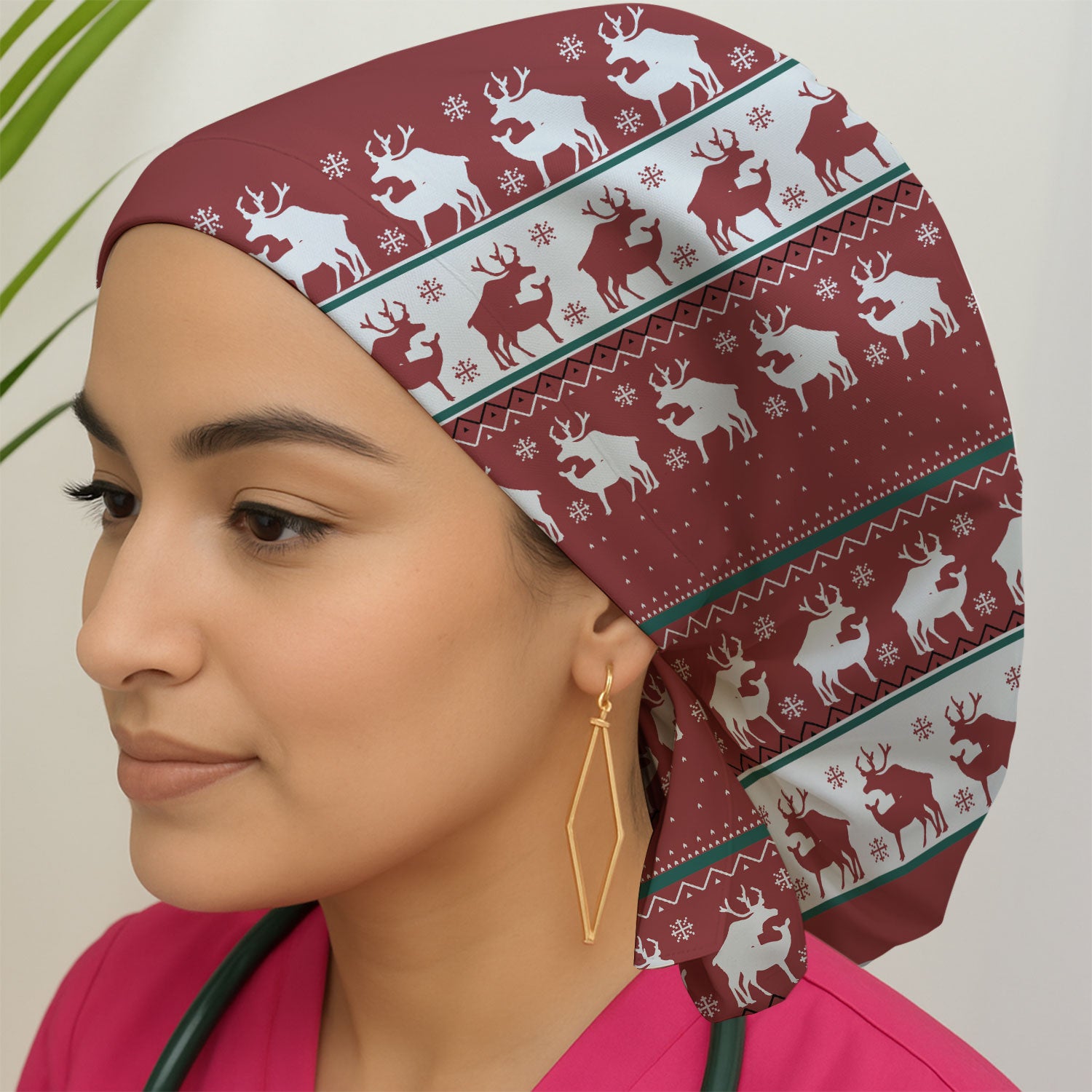 Reindeer Christmas Bouffant Scrub Cap for Women – Festive Cap for Nurses, Holiday Medical Gift