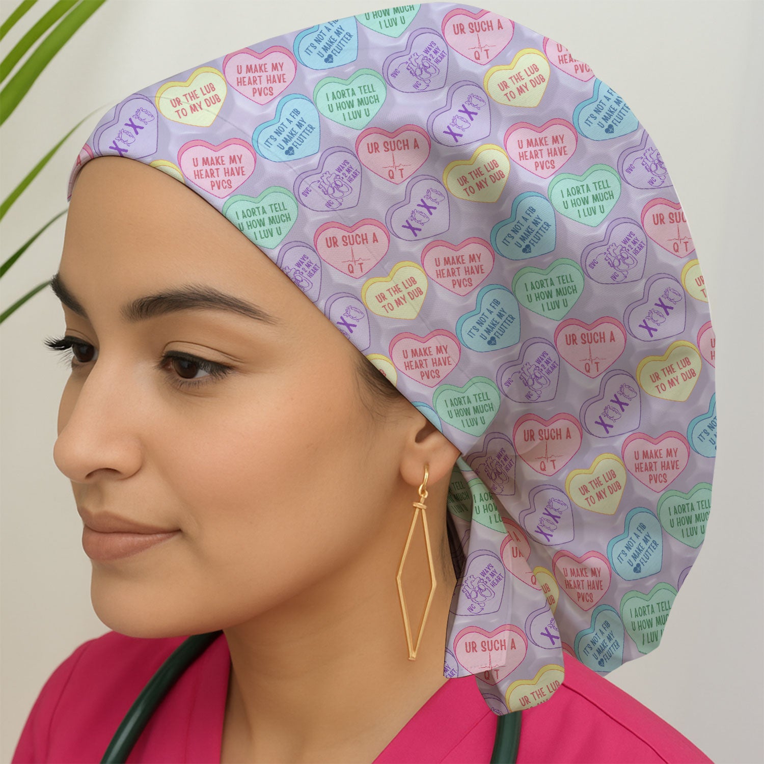 Medical Candy Heart Valentine Pattern, Fun Medical Pattern, Bouffant Scrub Caps for Women