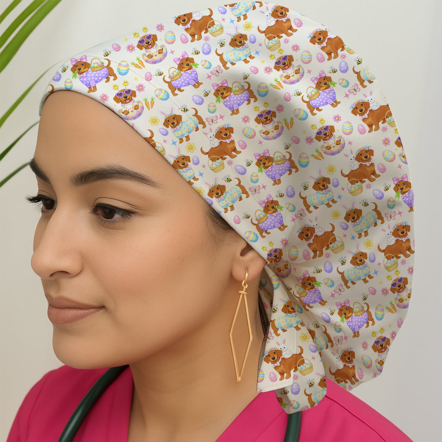 Cute Easter Dachshund Dog Pattern  Print Cap, Bouffant Scrub Caps for Women
