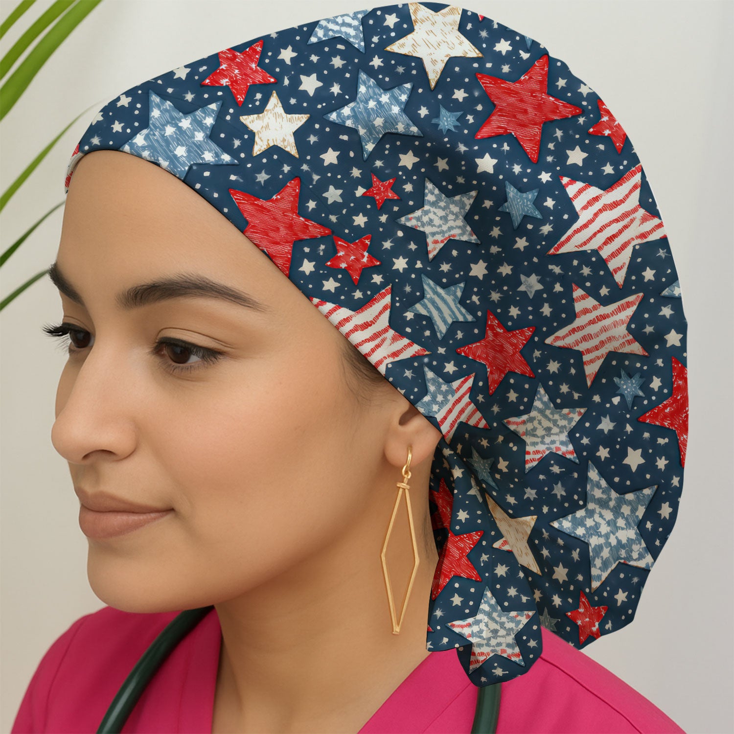 Patriotic Star Pattern Scrub Cap, Breathable Fabrics Caps Uniform