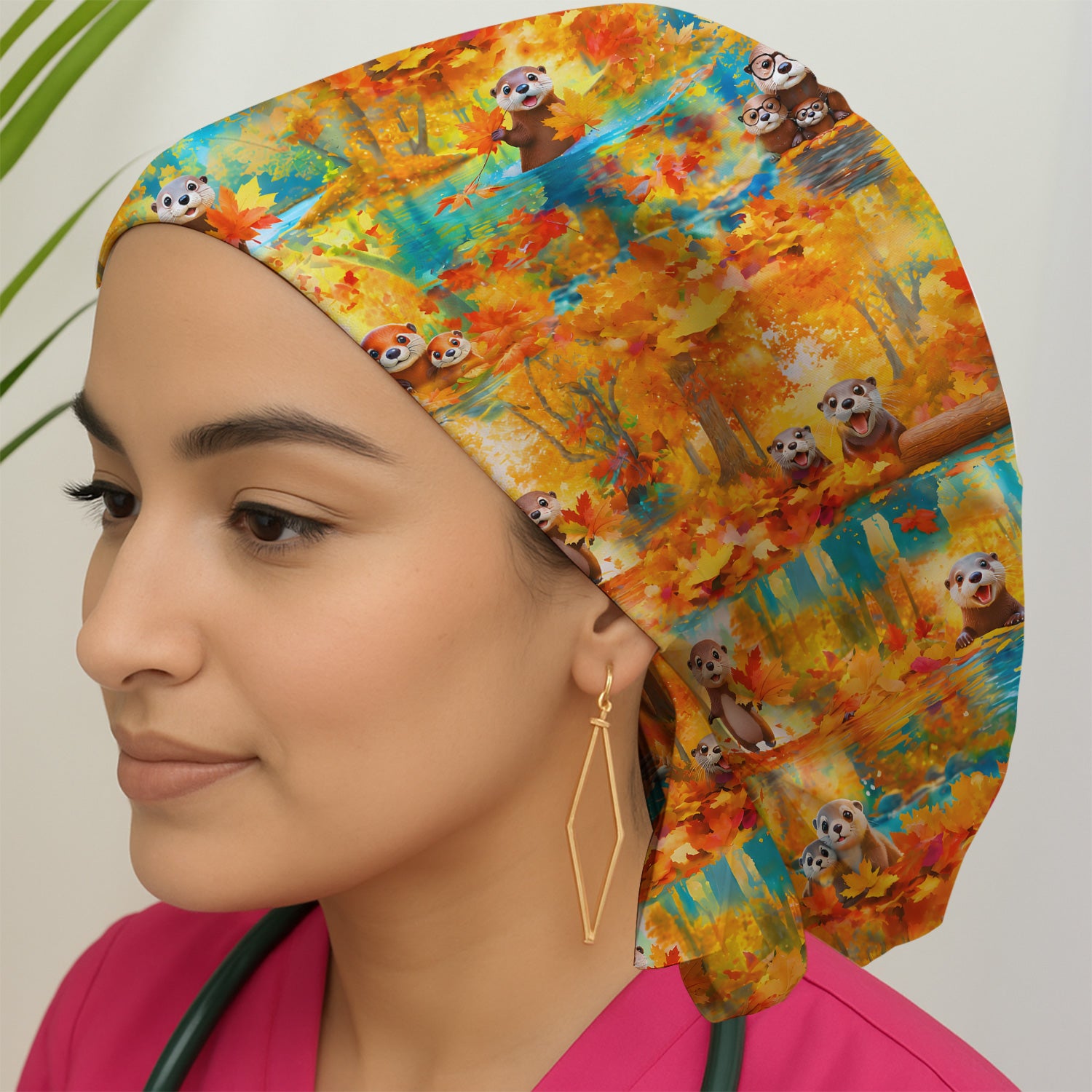 Cute Autumn Otter Leaf Forest Pattern Scrub Cap, Surgical Caps for Doctors