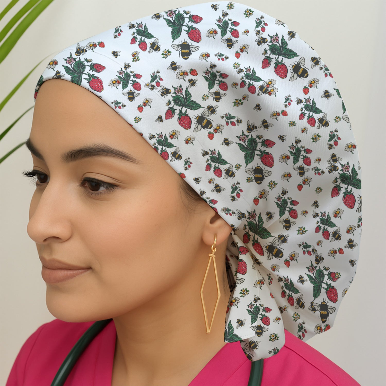 Cute Strawberry Bee Daisy Floral Pattern Scrub Cap, Bouffant Scrub Caps for Women
