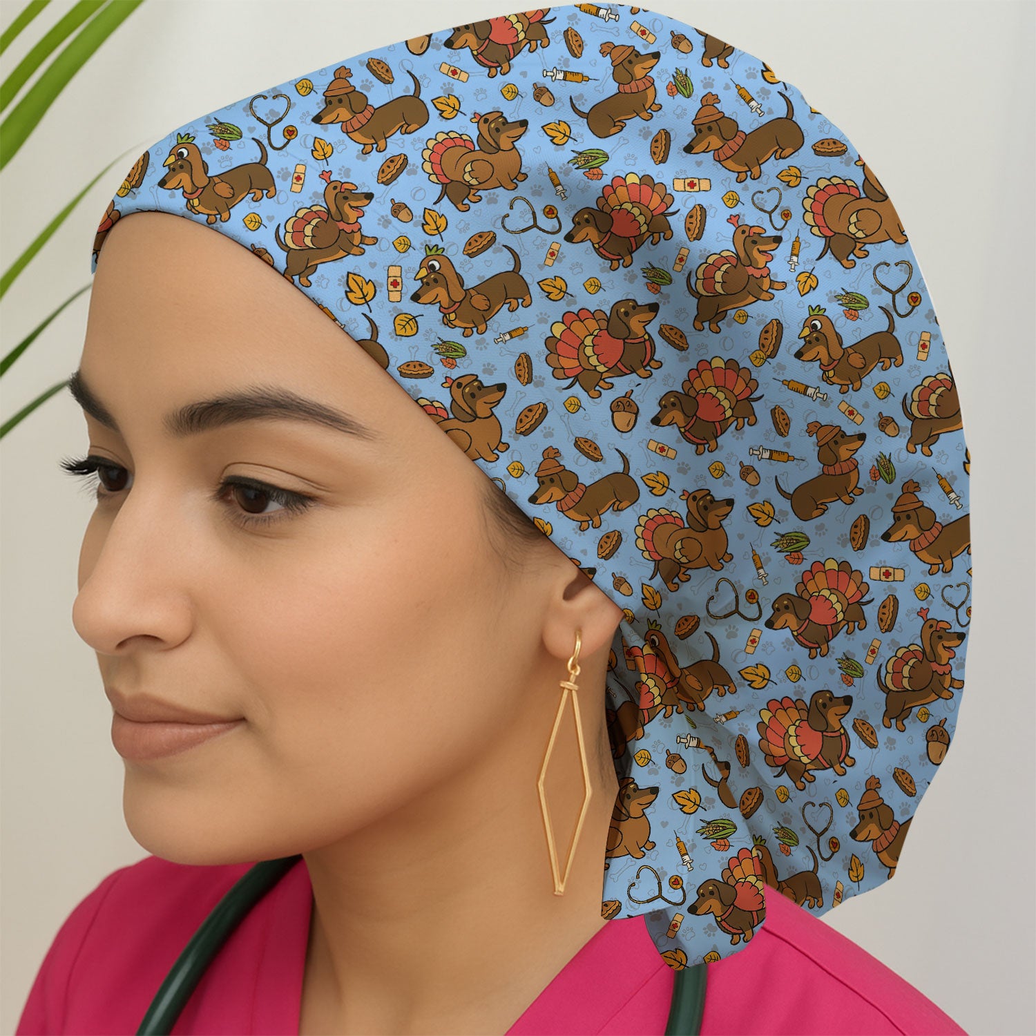 Thanksgiving Wiener Dog Bouffant Scrub Caps for Women - Funny Dachshund Turkey Holiday Nursing Gift - Breathable Fabrics Caps