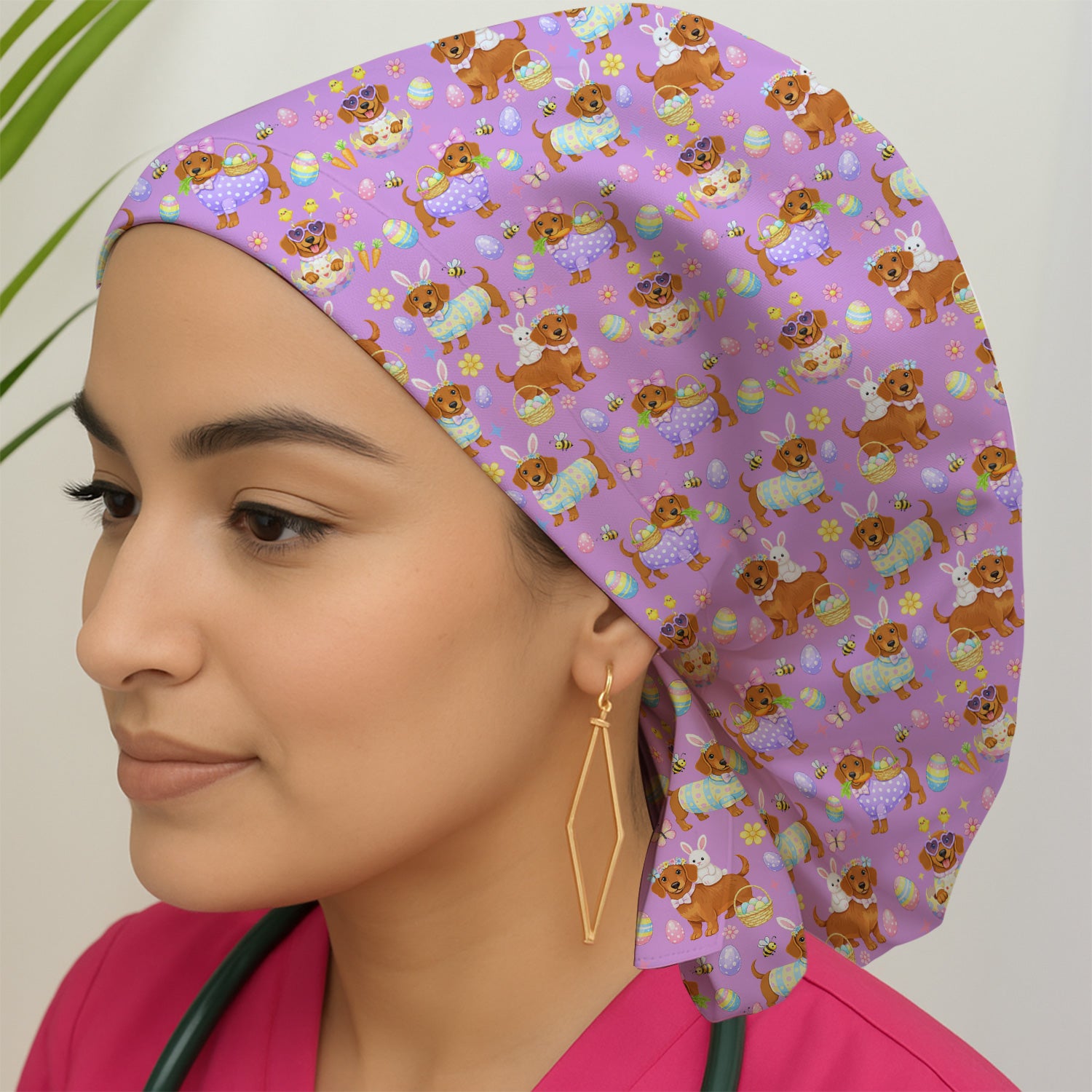 Cute Easter Dachshund Dog Pattern  Print Cap, Bouffant Scrub Caps for Women