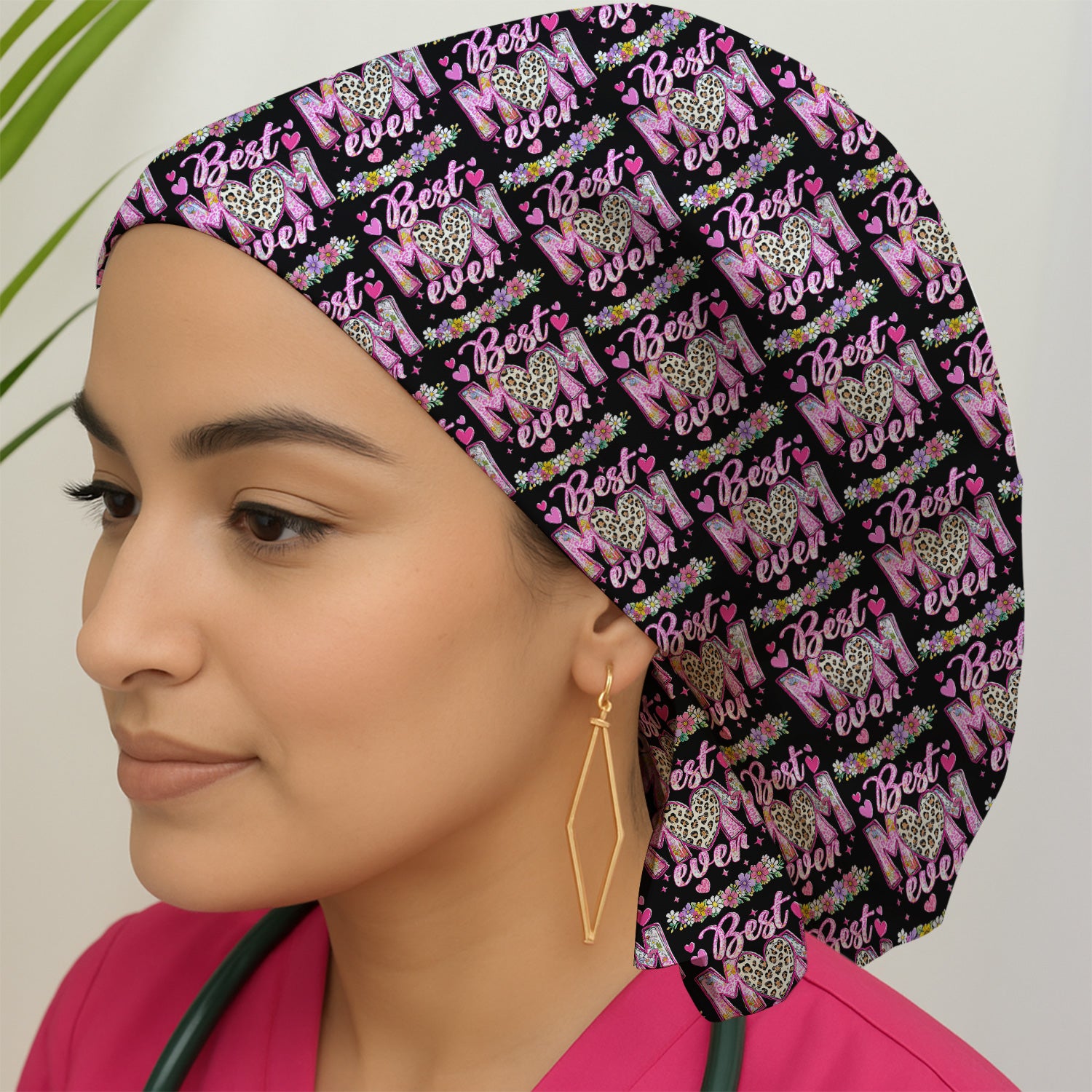 Best Mom Ever Leopard Heart Floral Pattern Cap, Bouffant Scrub Caps for Women