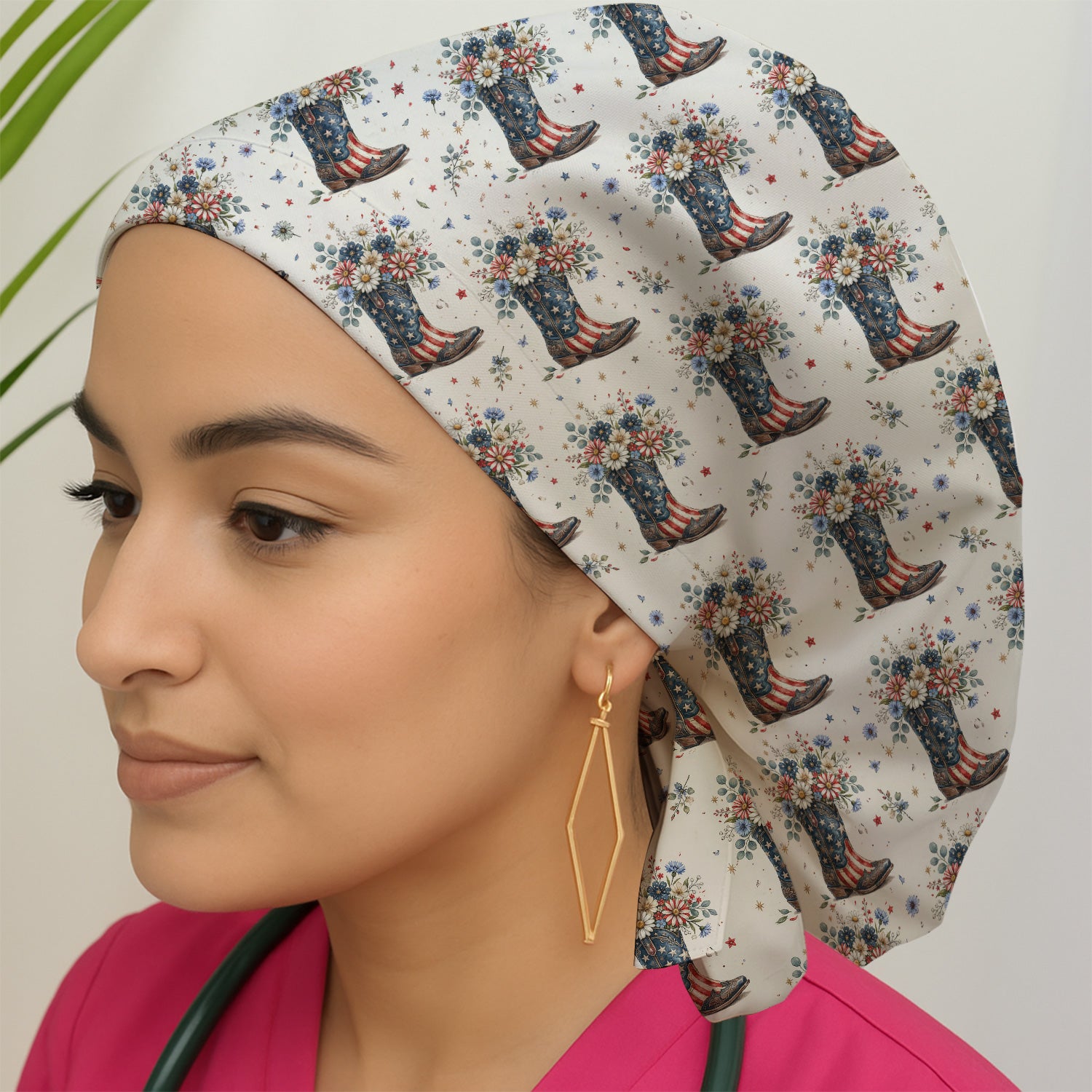 Festive Patriotic Cowboy Boots Flower Pattern Nurse Scrub Cap, Surgical Caps for Doctors