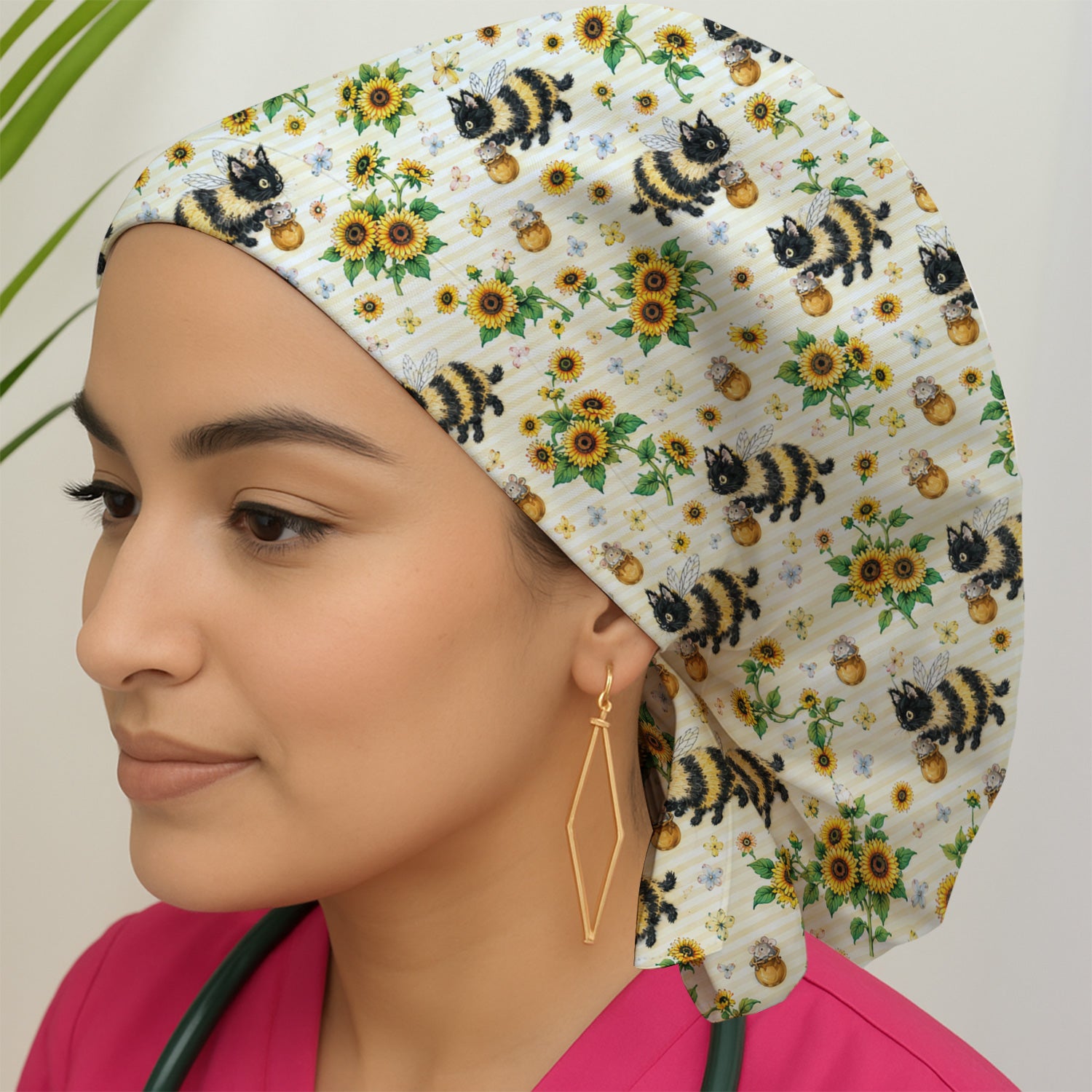Cute Bumblebee Cat Sunflower Pattern Scrub Cap, Surgical Caps for Doctors