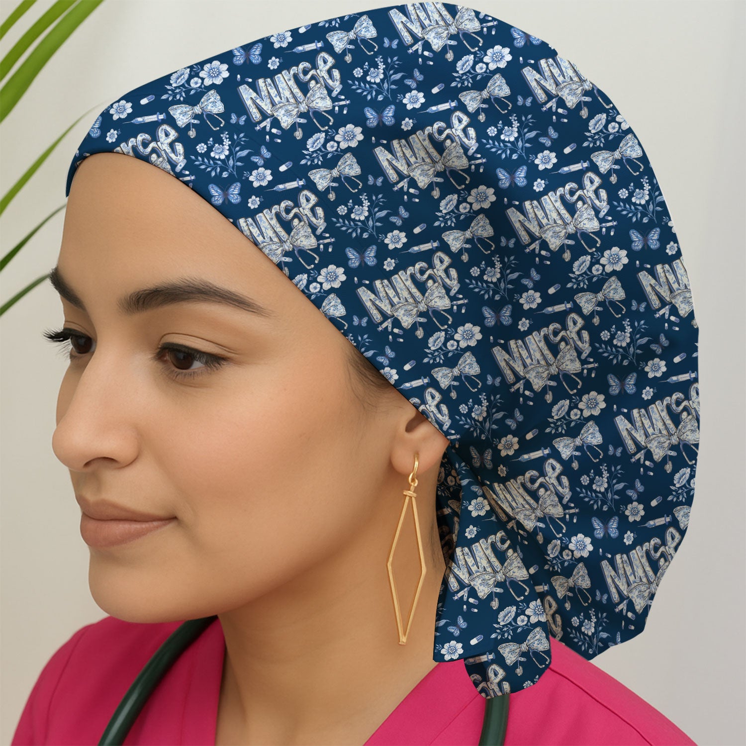 Blue Nurse Letter Floral Butterfly Print Cap, Breathable Fabrics Caps Uniform