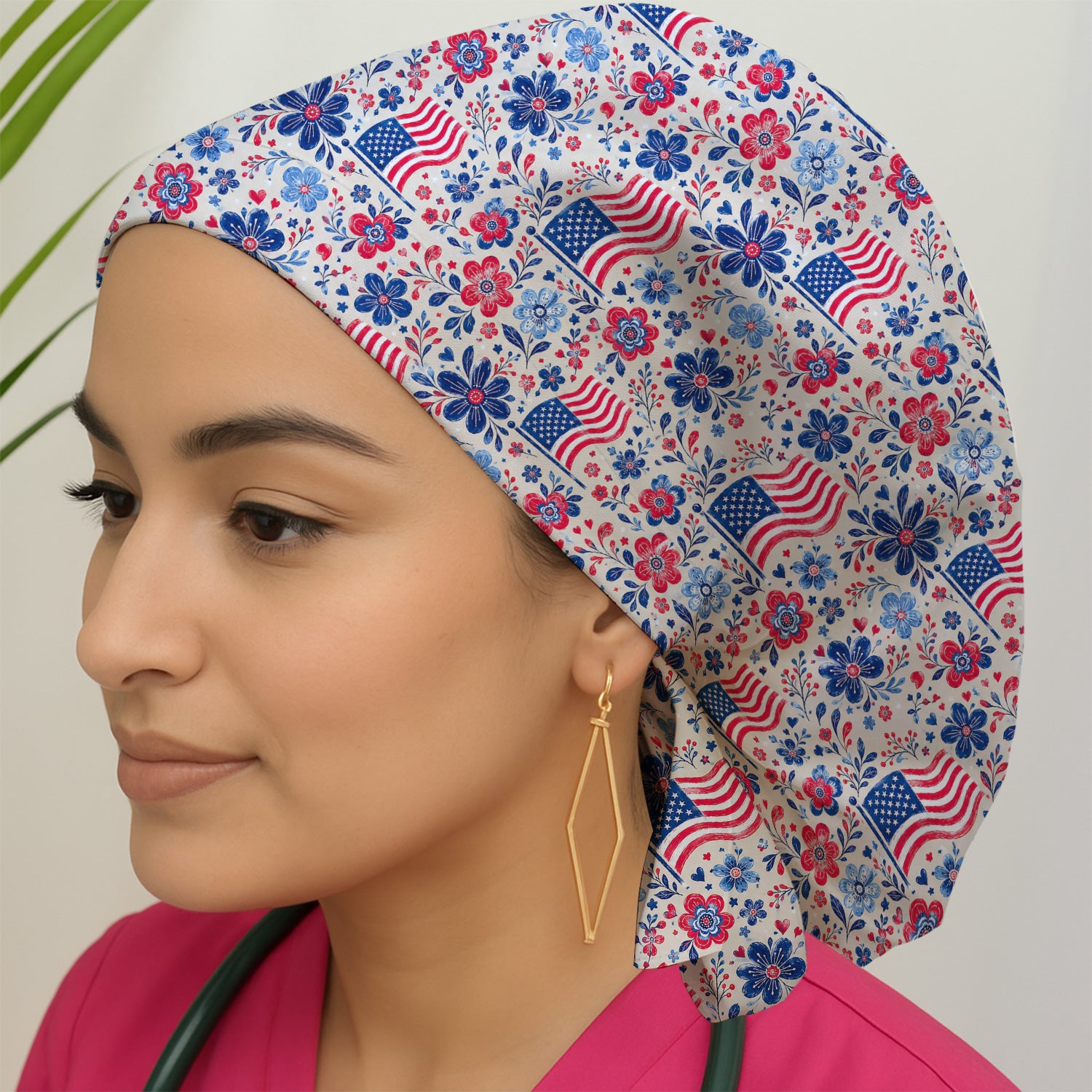 Patriotic Flag Floral Nurse Pattern Scrub Cap, Surgical Caps for Doctors
