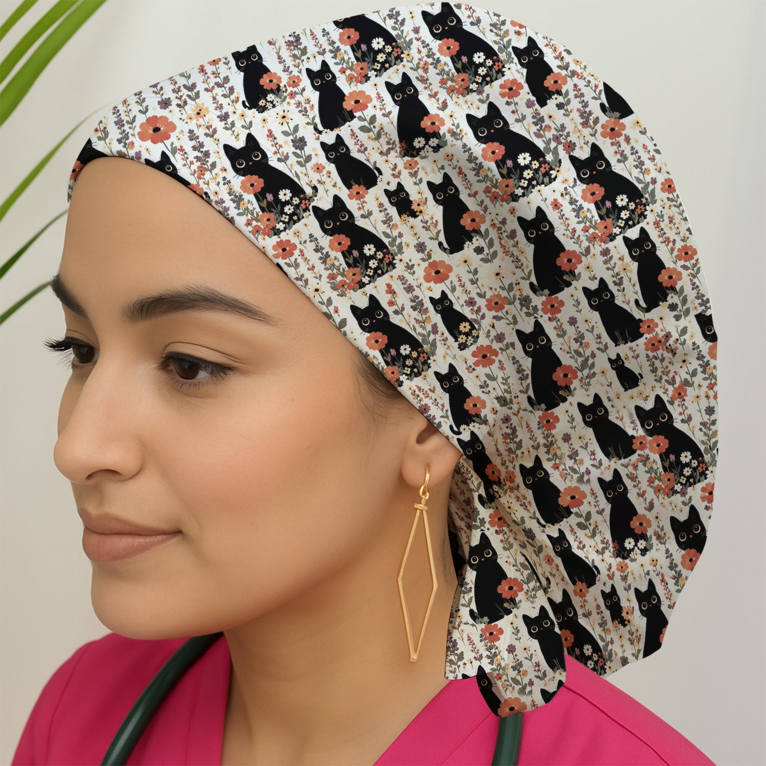 Cute Black Cat Wildflower Pattern Scrub Cap, Surgical Caps for Doctors