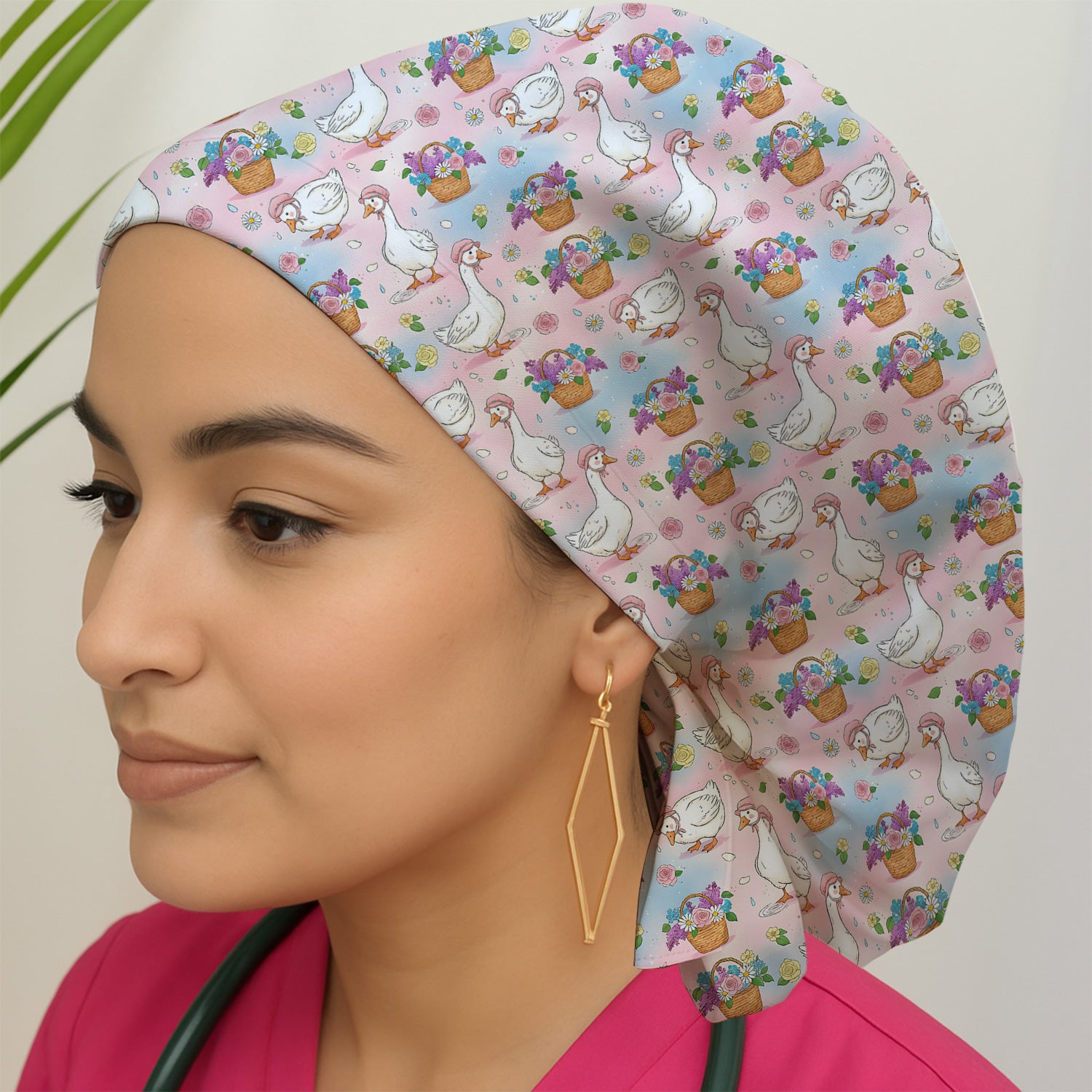 Cute Spring Goose Flower Basket Pattern Scrub Cap, Surgical Caps for Doctors