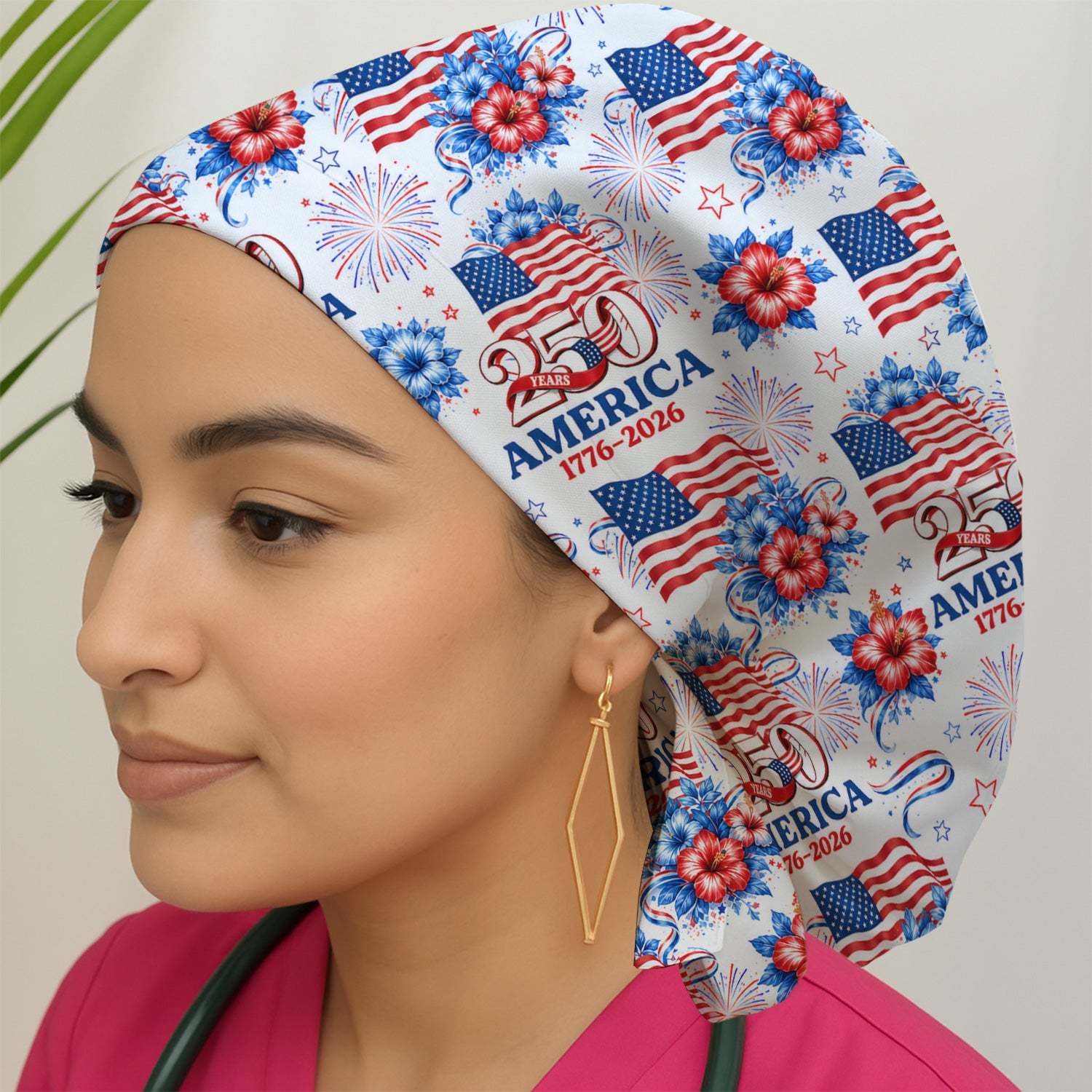 America 250 with Flag Firework Pattern Scrub Cap, Surgical Caps for Doctors