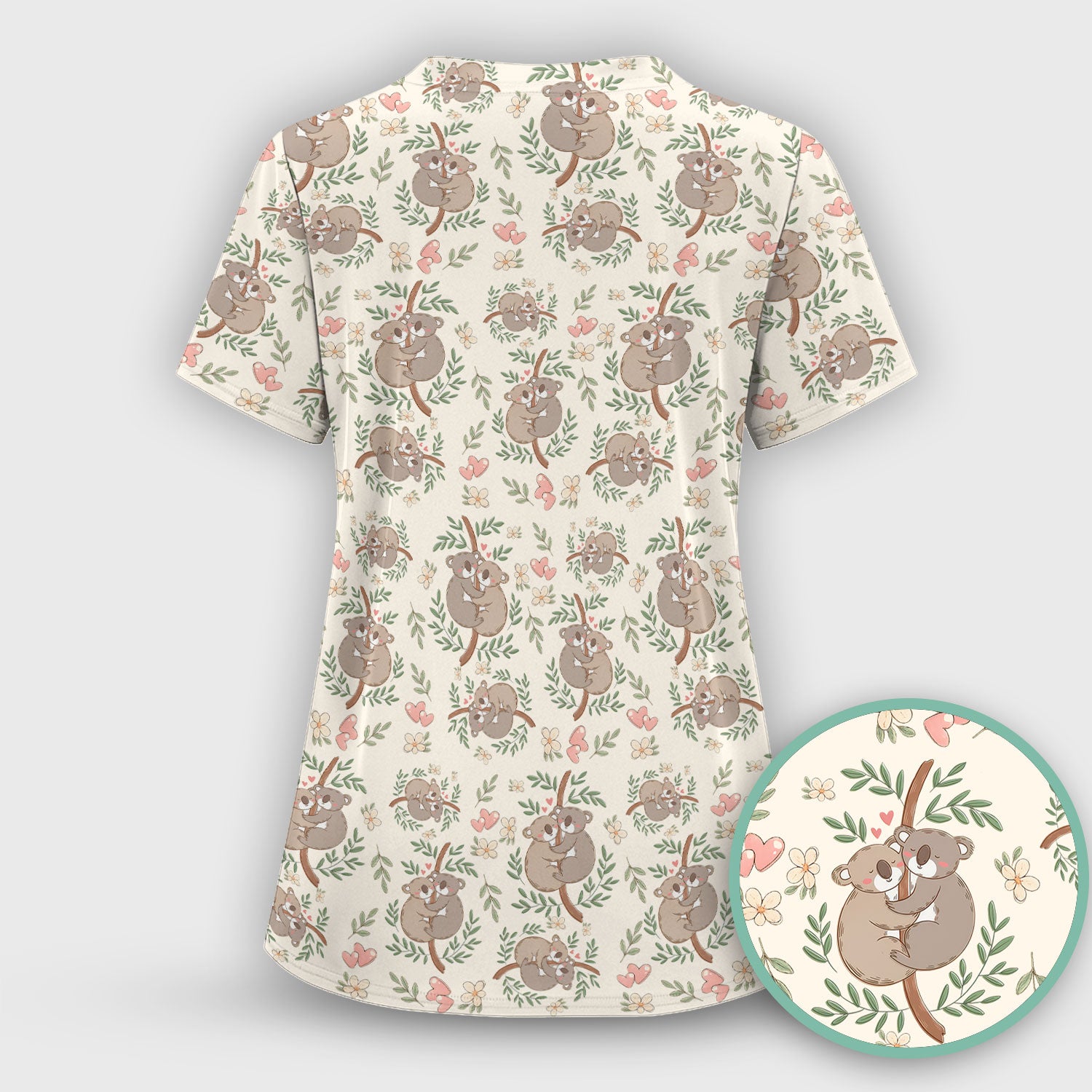 Cute Koala Love Pattern Medical Scrub Top, Breathable Fabrics Nursing Uniform