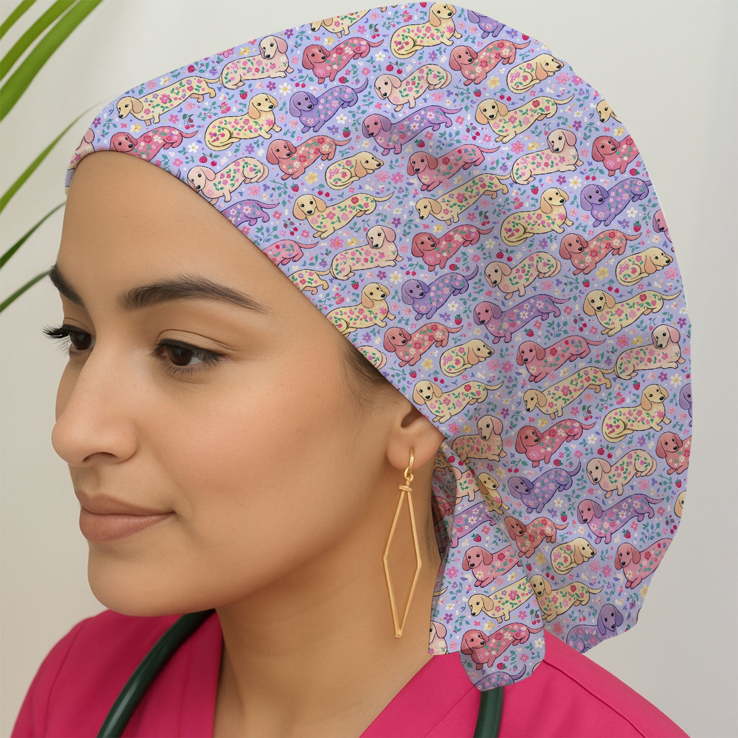 Cute Dachshund Floral Pattern Scrub Cap, Breathable Fabrics Caps Uniform