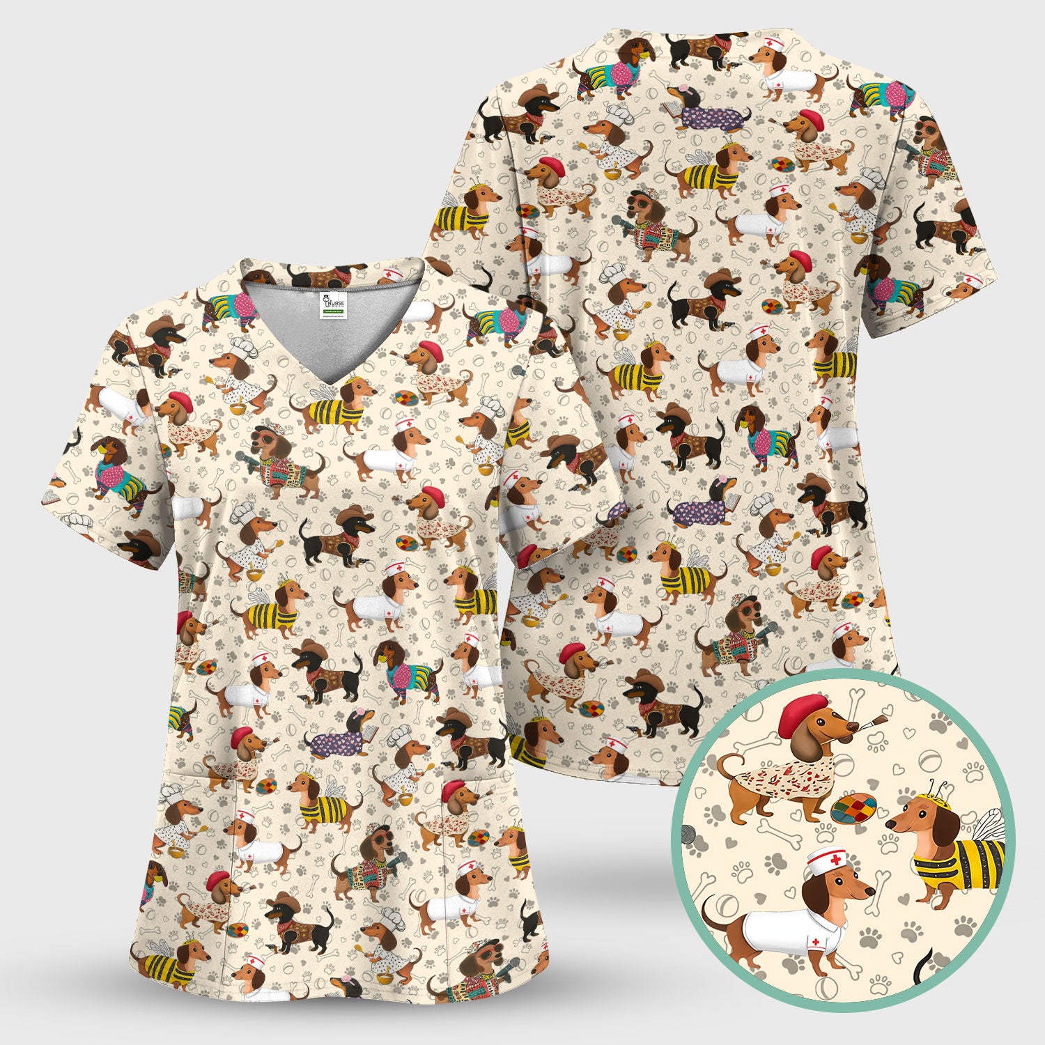 Funny Dachshund Scrub Top for Nurses - Wiener Dog in Bee, Chef, Nurse Costumes - Cute Sausage Dog Medical Shirt RN CNA LPN