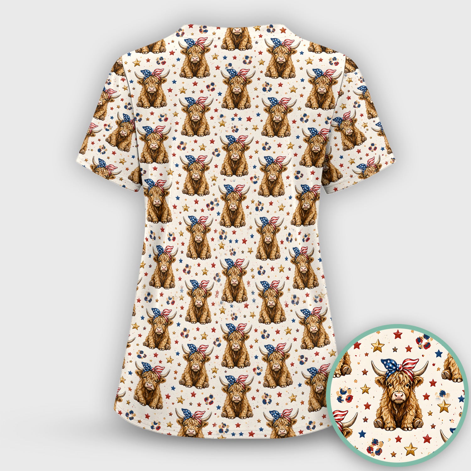Patriotic Highland Cow Nurse for RN & CNA, Americana Farm Animal Healthcare Workers Medical Uniform Scrub Top, Comfortable Scrubs for Nurses