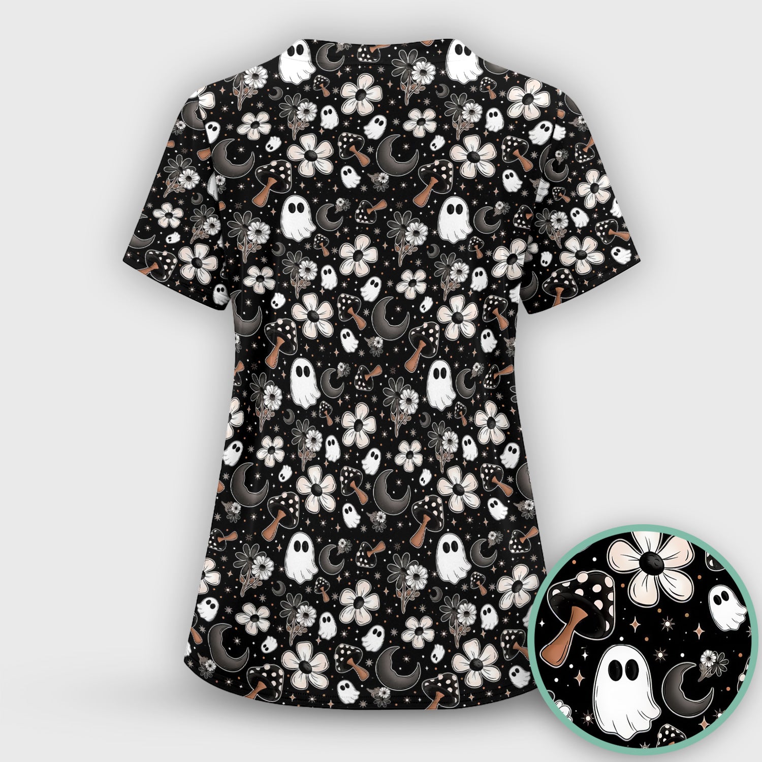 Floral Mushroom Ghost Pattern Scrub Top, Comfortable Scrubs for Nurses